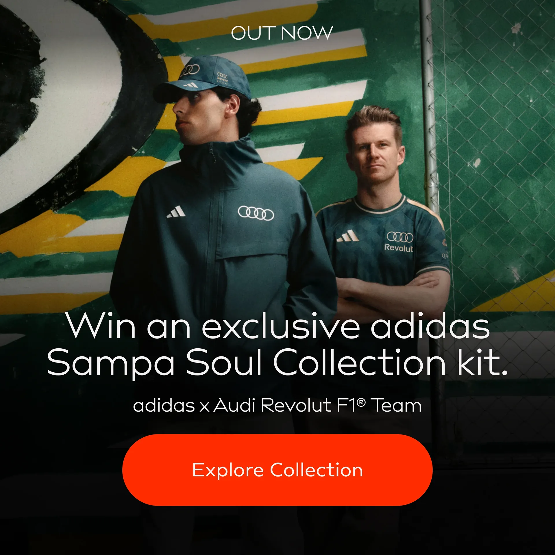 adidas x Audi Revolut F1® Team Sampa Soul Collection widget with Nico Hulkneberg and Gabriel Bortoleto in the Background
