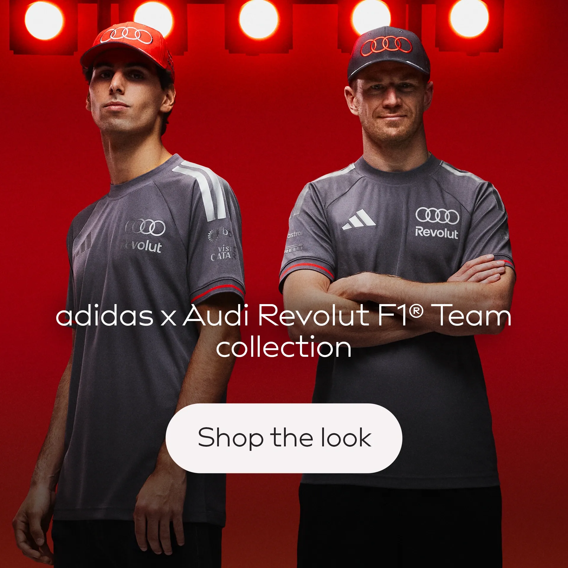 Adidas collection banner with side by side pose of Gabriel Bortolete left and Nico Hulkenberg on the right wearing teamwear