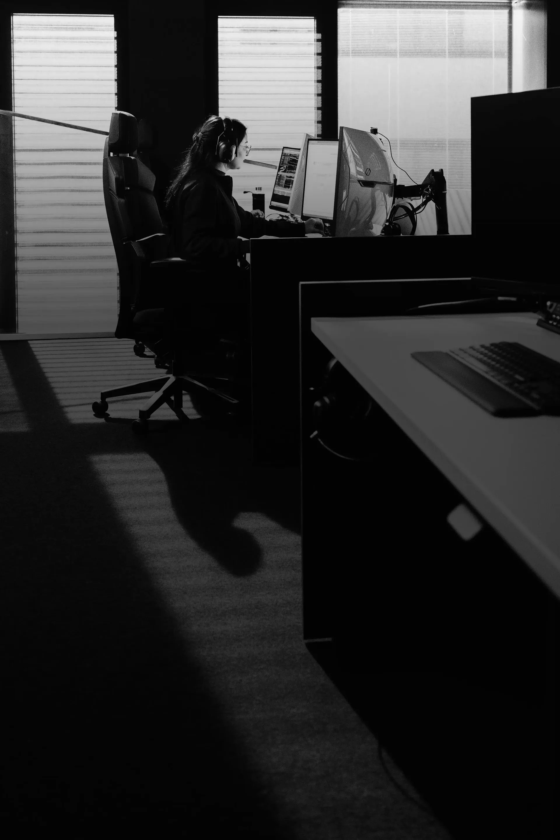 Mission Control workspace at Audi Formula Racing in Neuburg, where the Audi Revolut F1® Team monitors and manages the IT infrastructure supporting Formula 1® race weekends.