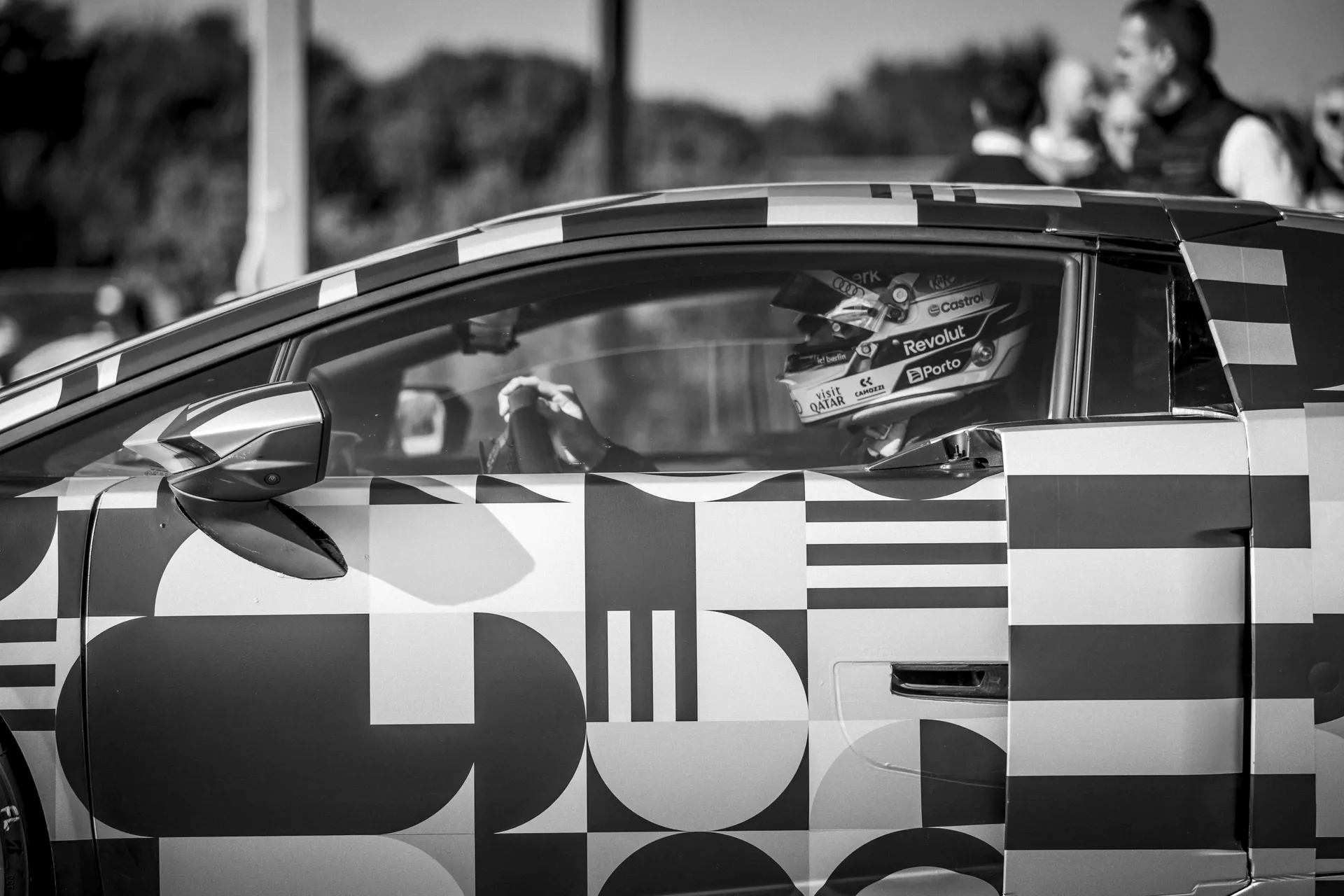Close-up of the Audi Nuvolari race car with its camouflage livery during testing.