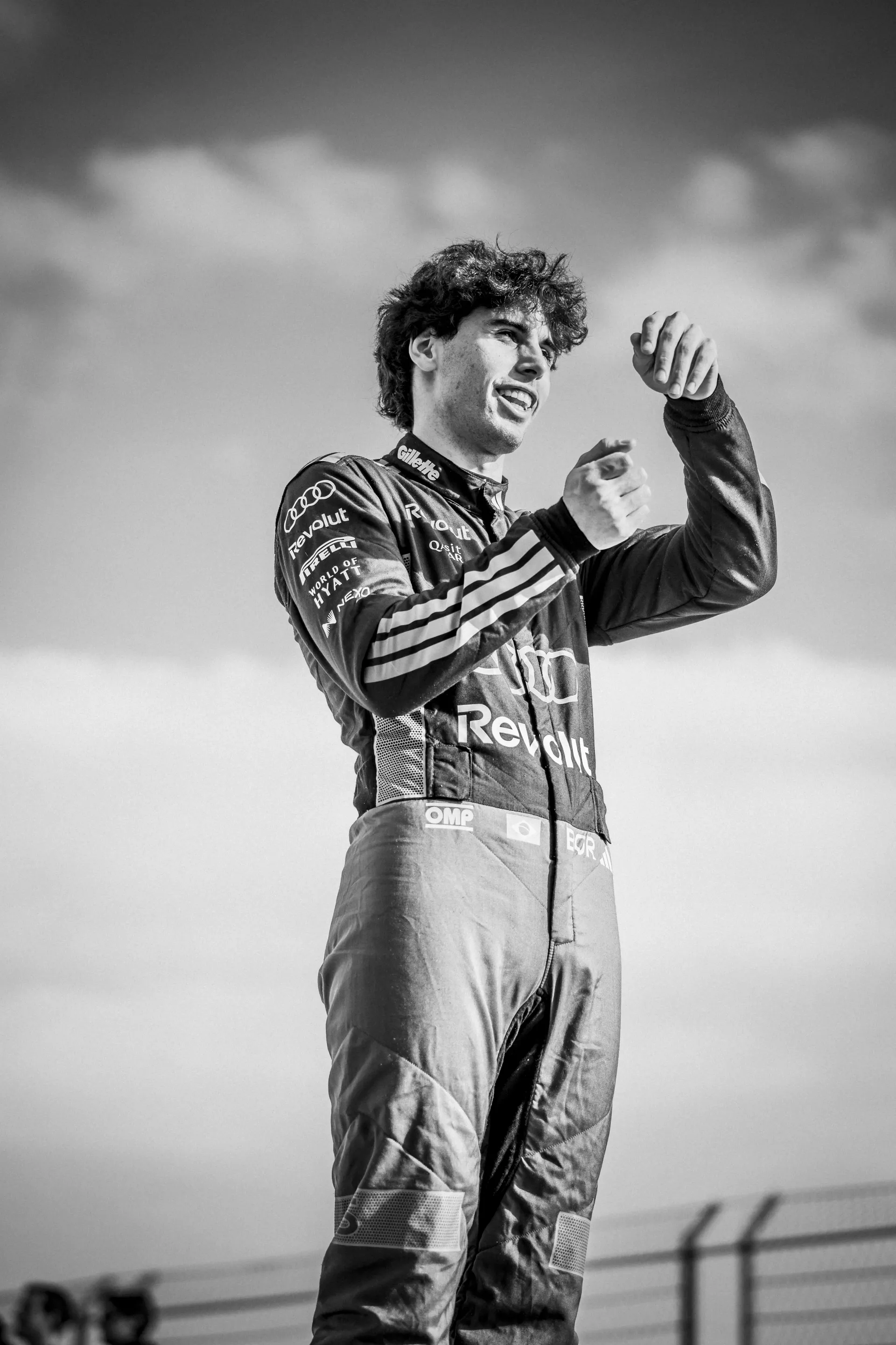 Black and white shot of Audi Revolut F1® Team driver Gabriel Bortoleto during an Audi Nuvolari track test.