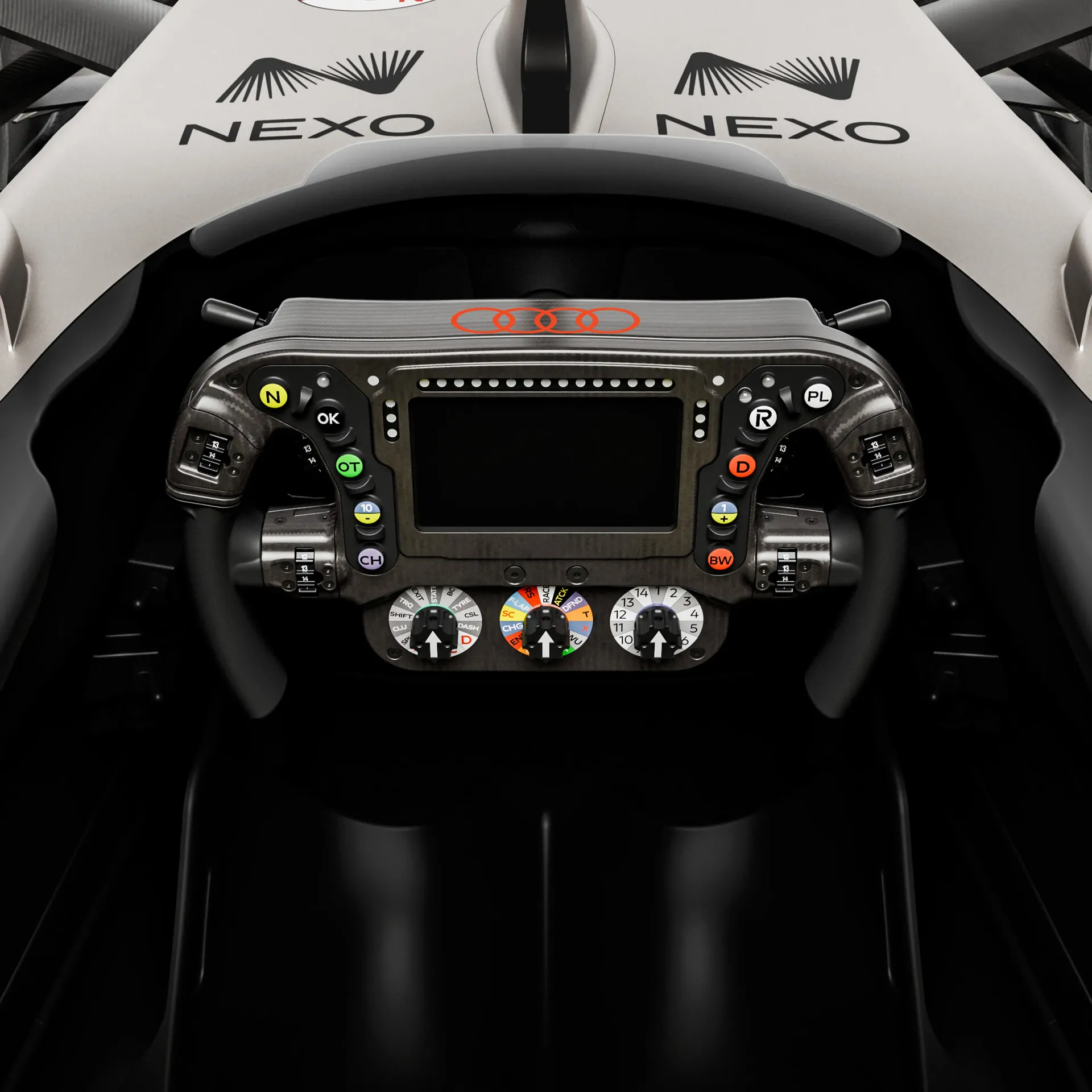 Close up of the Audi Revolut F1® Team car R26 cockpit steering wheel