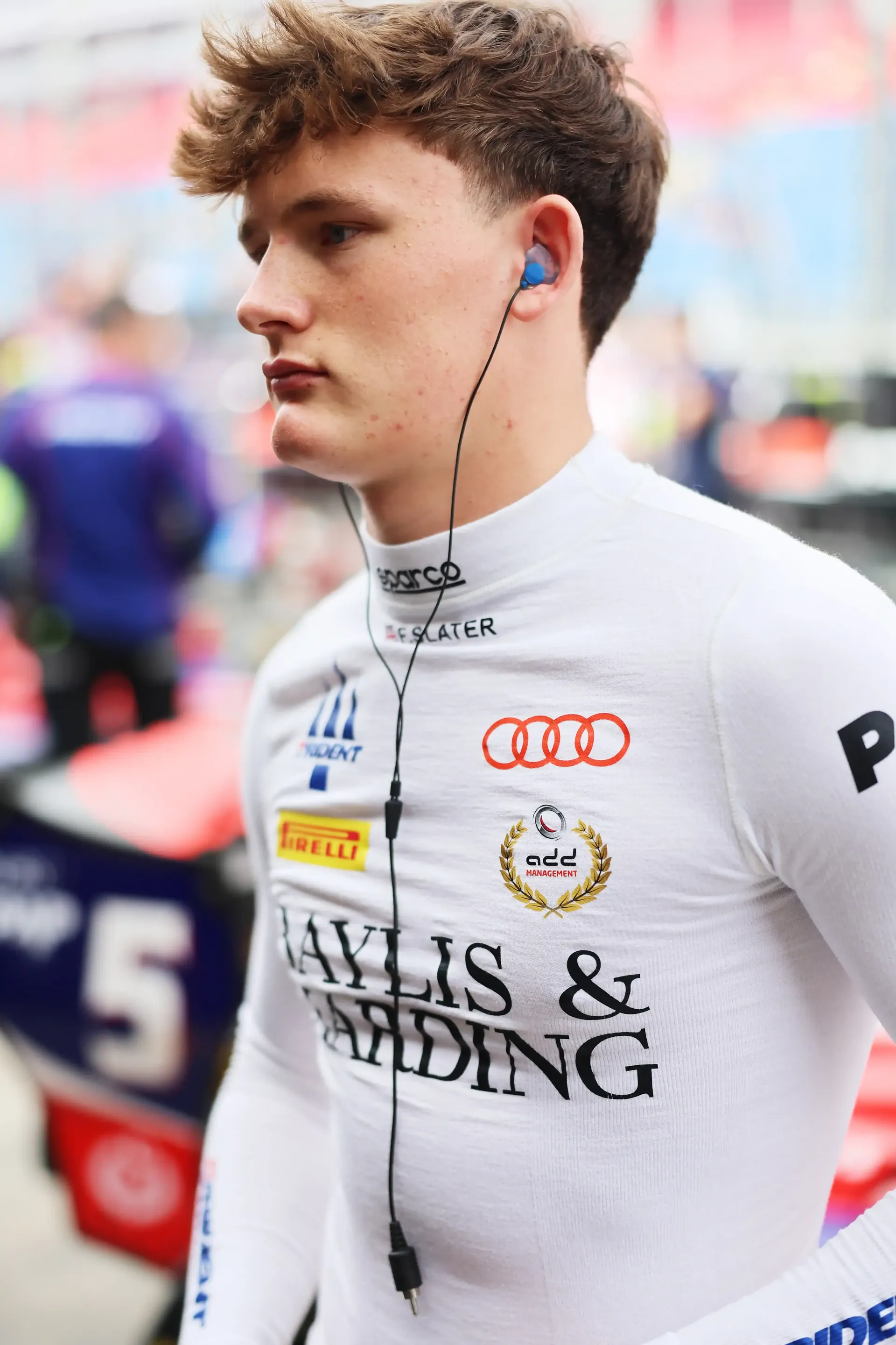 Close up of Freddie Slater F3 driver at Audi Revolut F1® Team Academy Testweek 01 from Barhain on racetrack