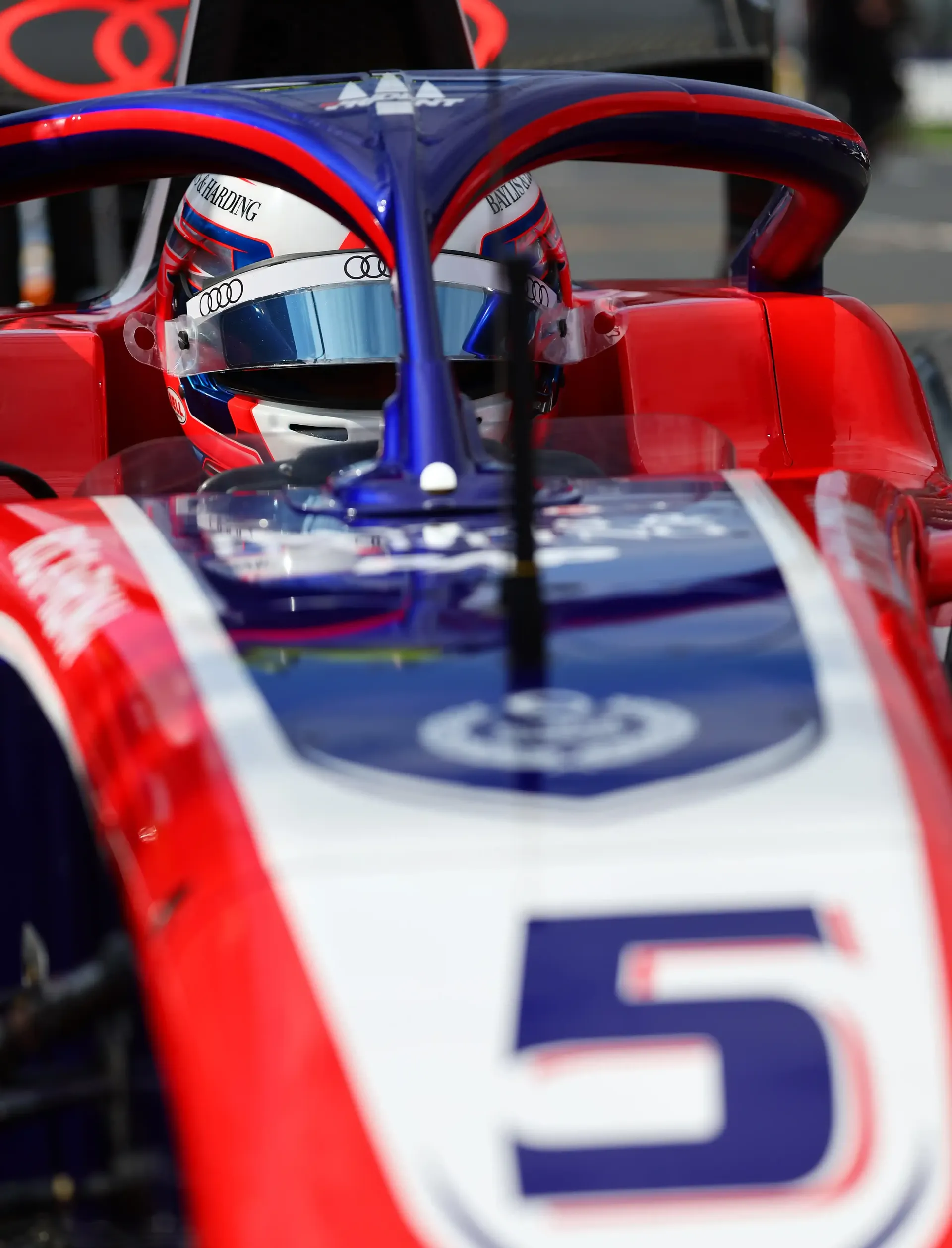 Front close up view of Audi Revolut F1® Team Academy driver Freddie Slater inside the cockpit