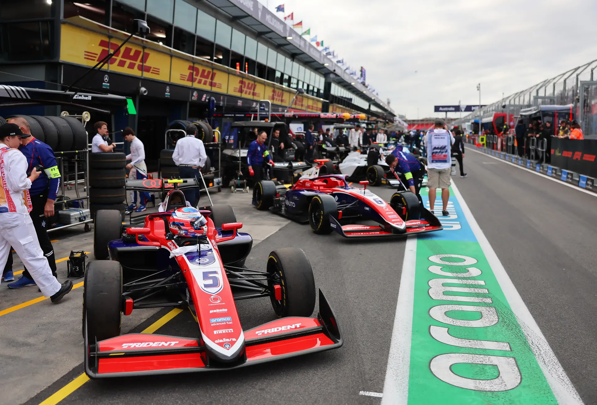 Audi Revolut F1® Team Academy F3 cars parked in front of the garage on the racetrack in Melbourne