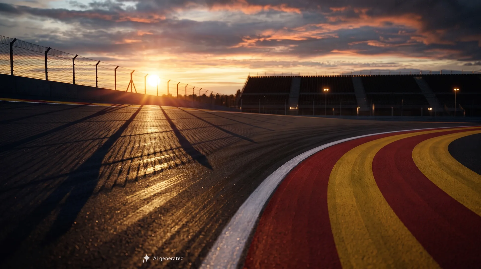 Madring circuit at sunset with the track curving through the foreground