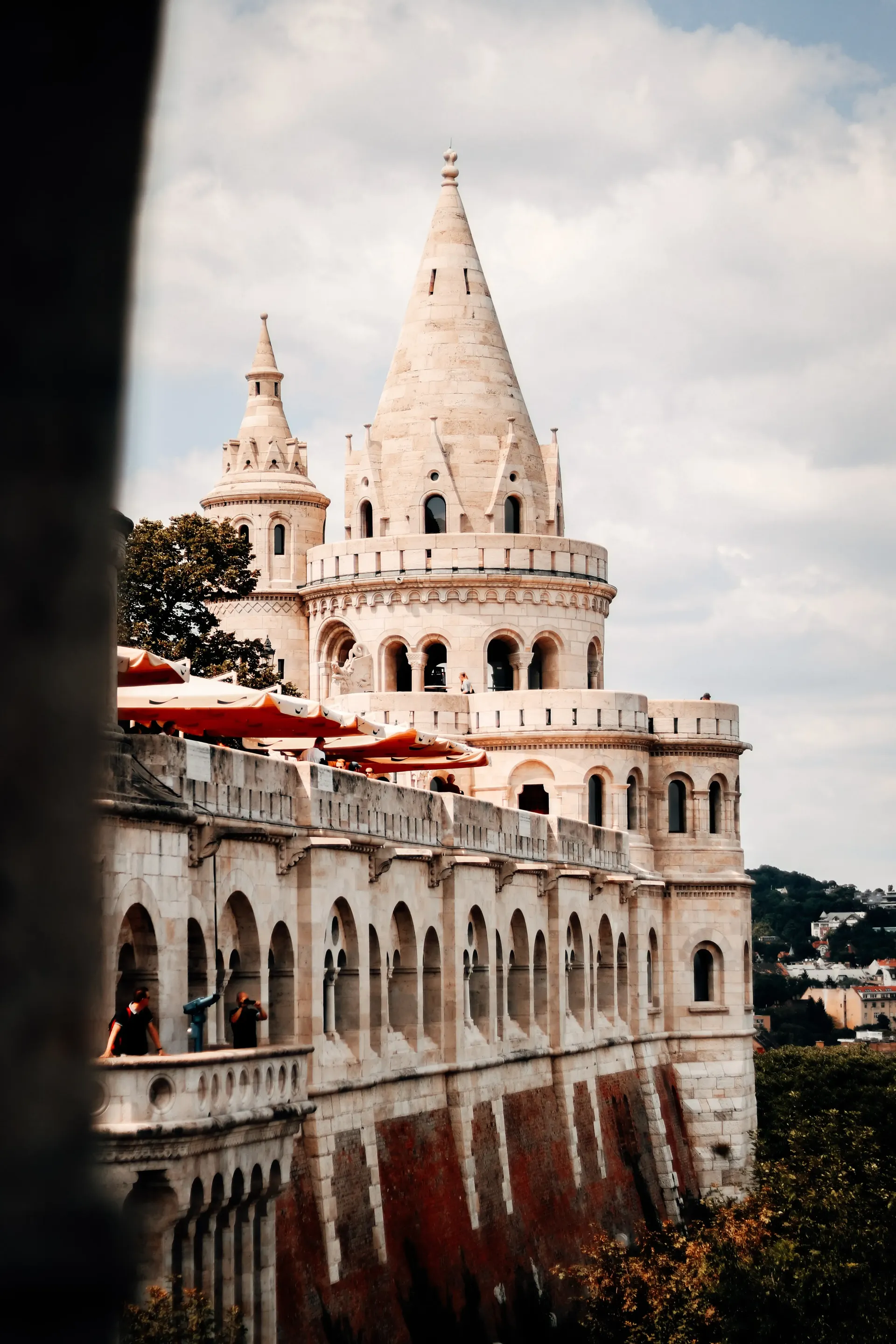 Fisherman's Bastion overlooking Budapest with its iconic white towers and terraces.