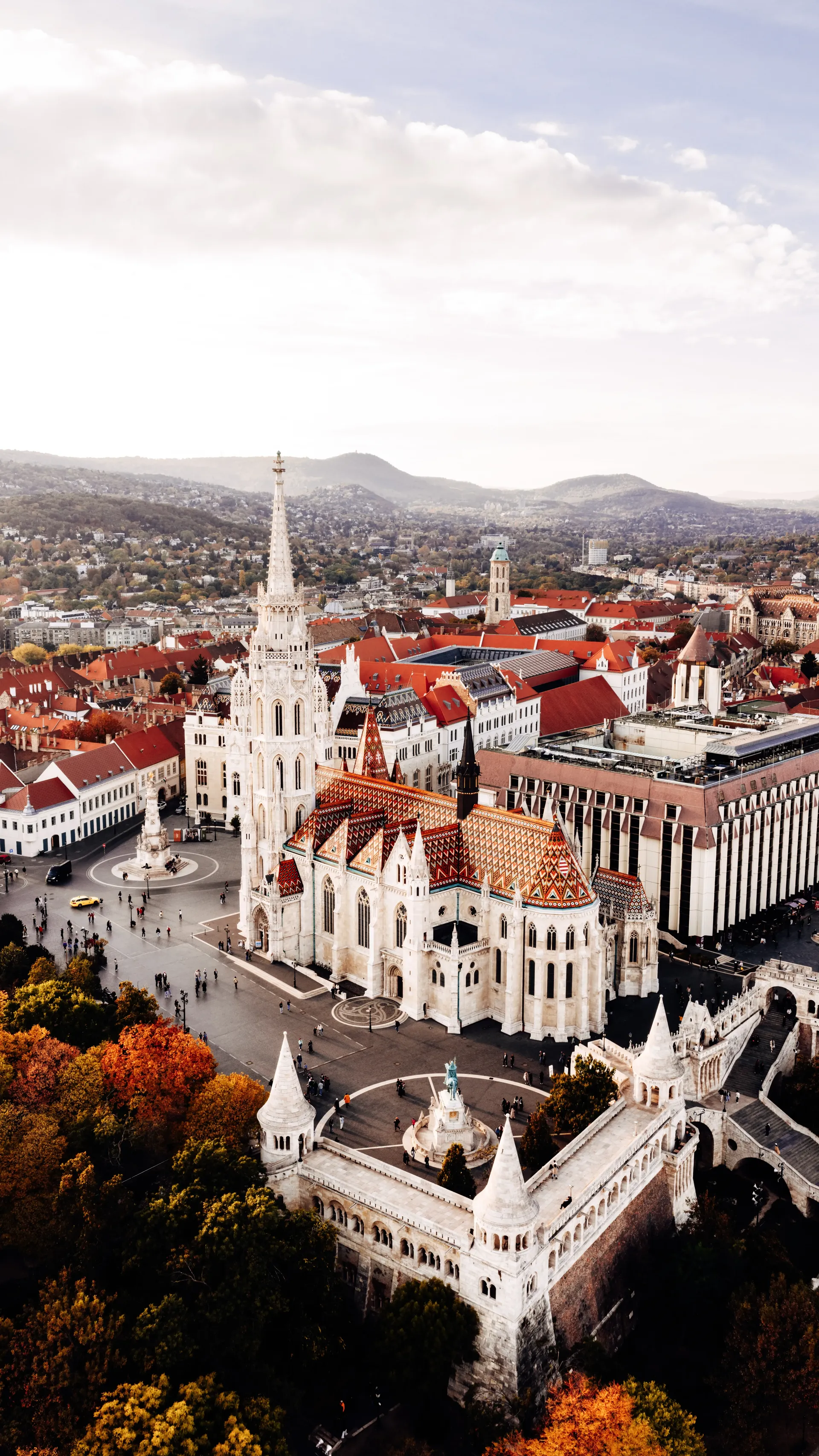 Aerial view of Matthias Church and the Castle District in Budapest.