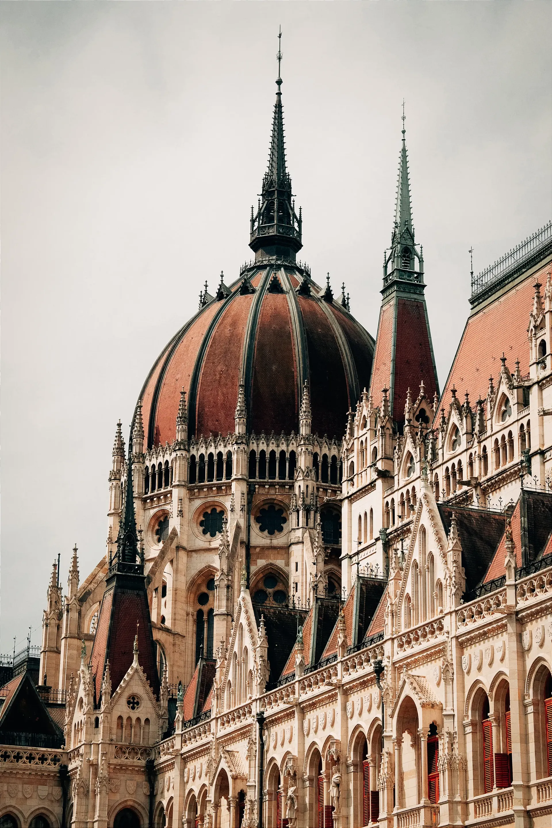 Close-up of the Hungarian Parliament Building showcasing its Neo-Gothic architecture.
