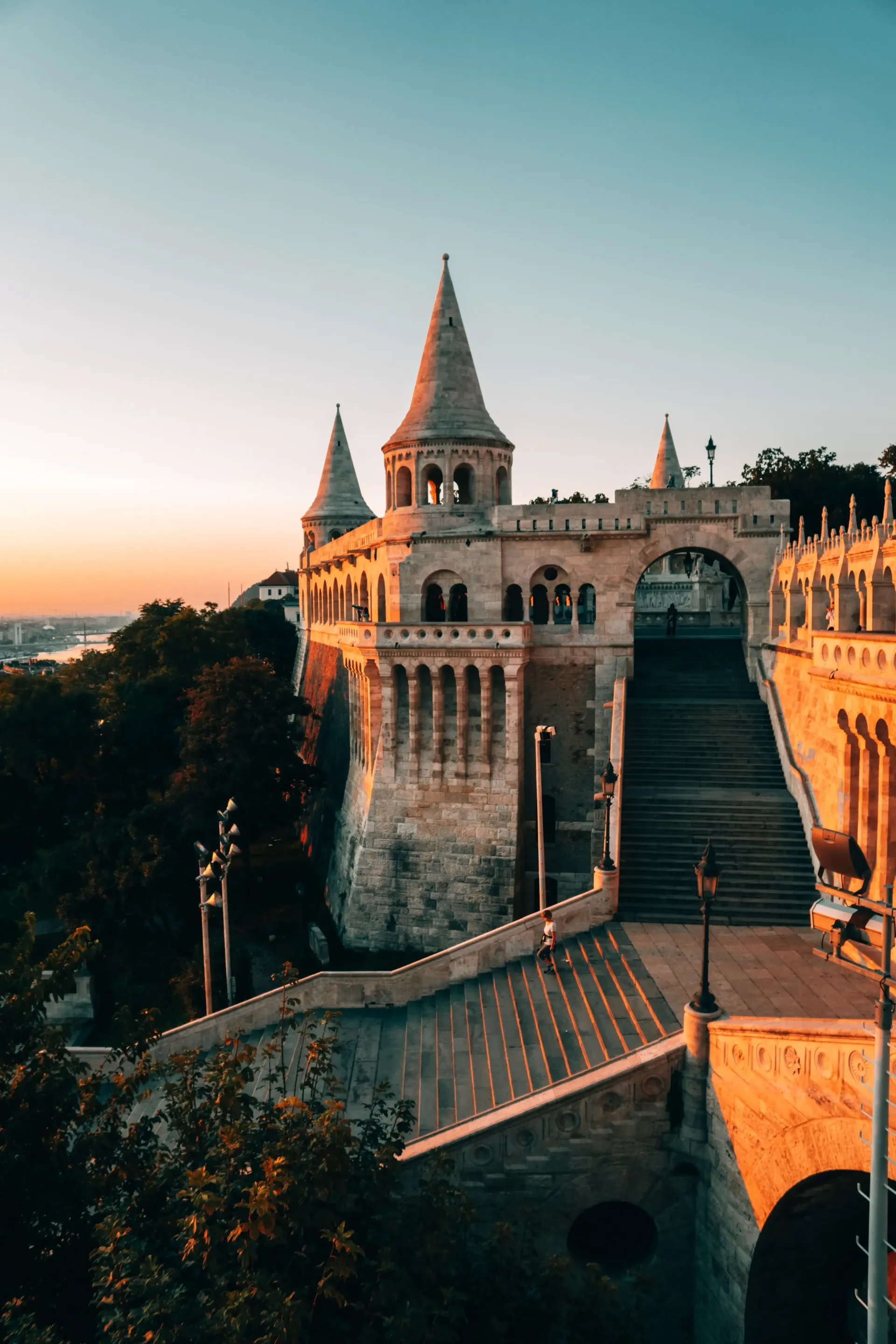 Golden hour view of Fisherman's Bastion overlooking Budapest.