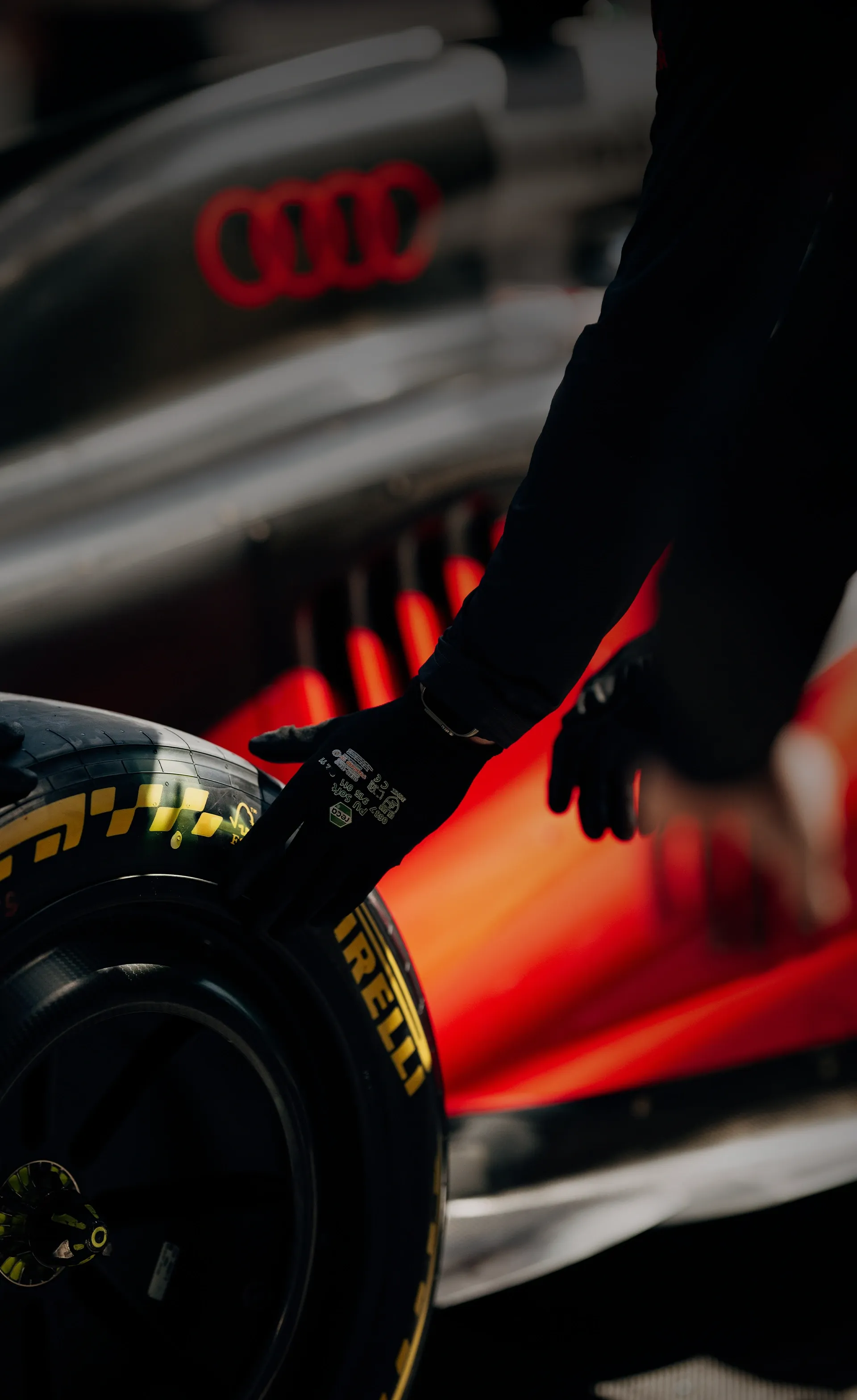 Detail close up side view of the Audi Revolute F1 Team R26 car
