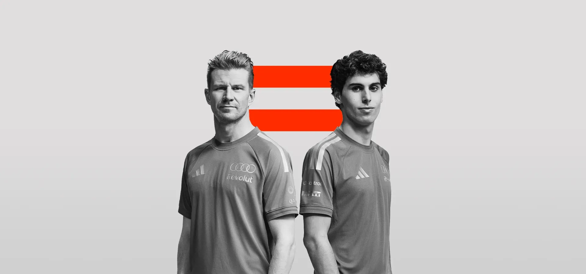 Black and white shot of Nico ulkenberg and Gabriel Bortoleto drivers at the Audi Revolut F1® Team side by side in the studio