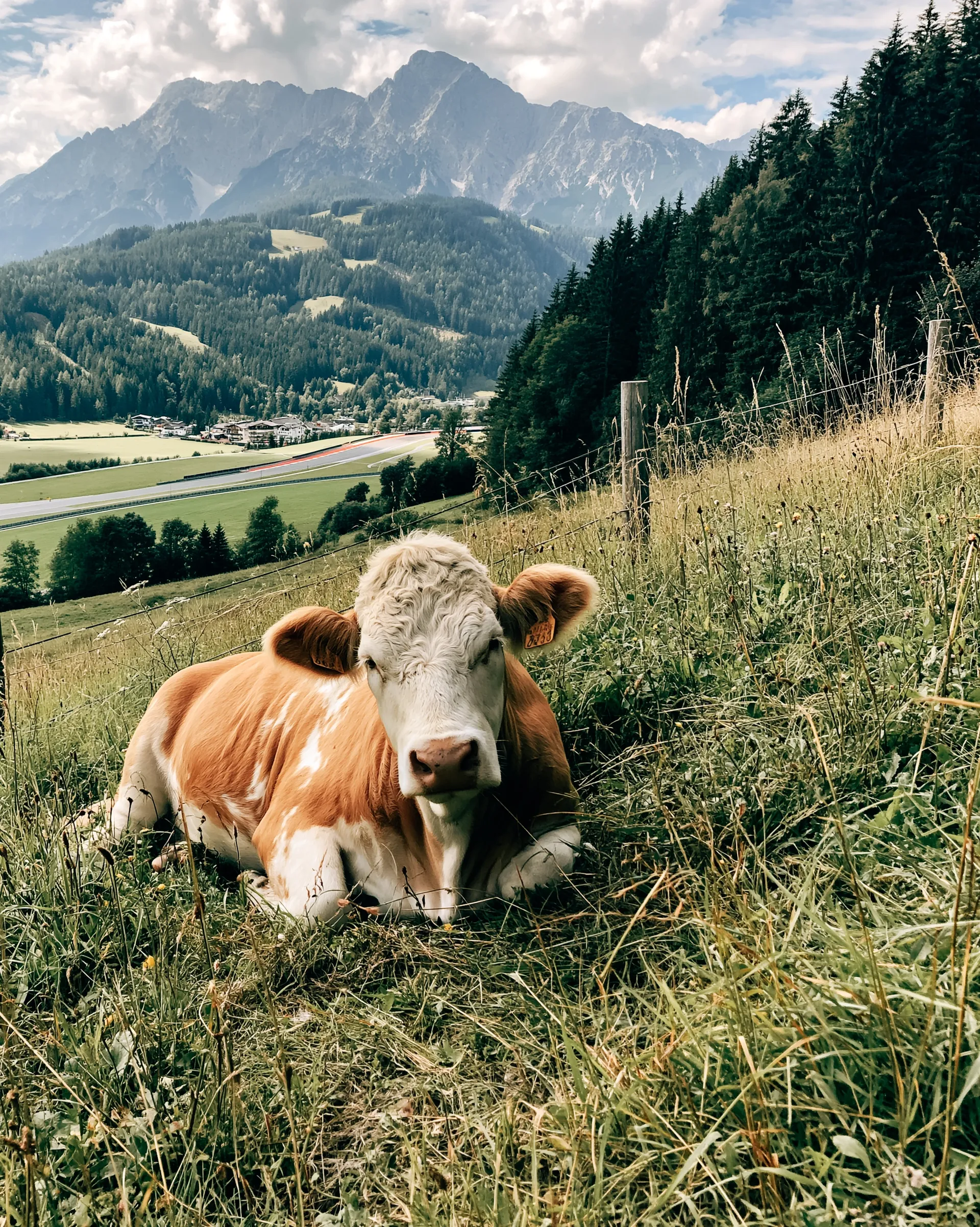 Grazing cow resting in a meadow with alpine mountains and valleys in the Austrian countryside.