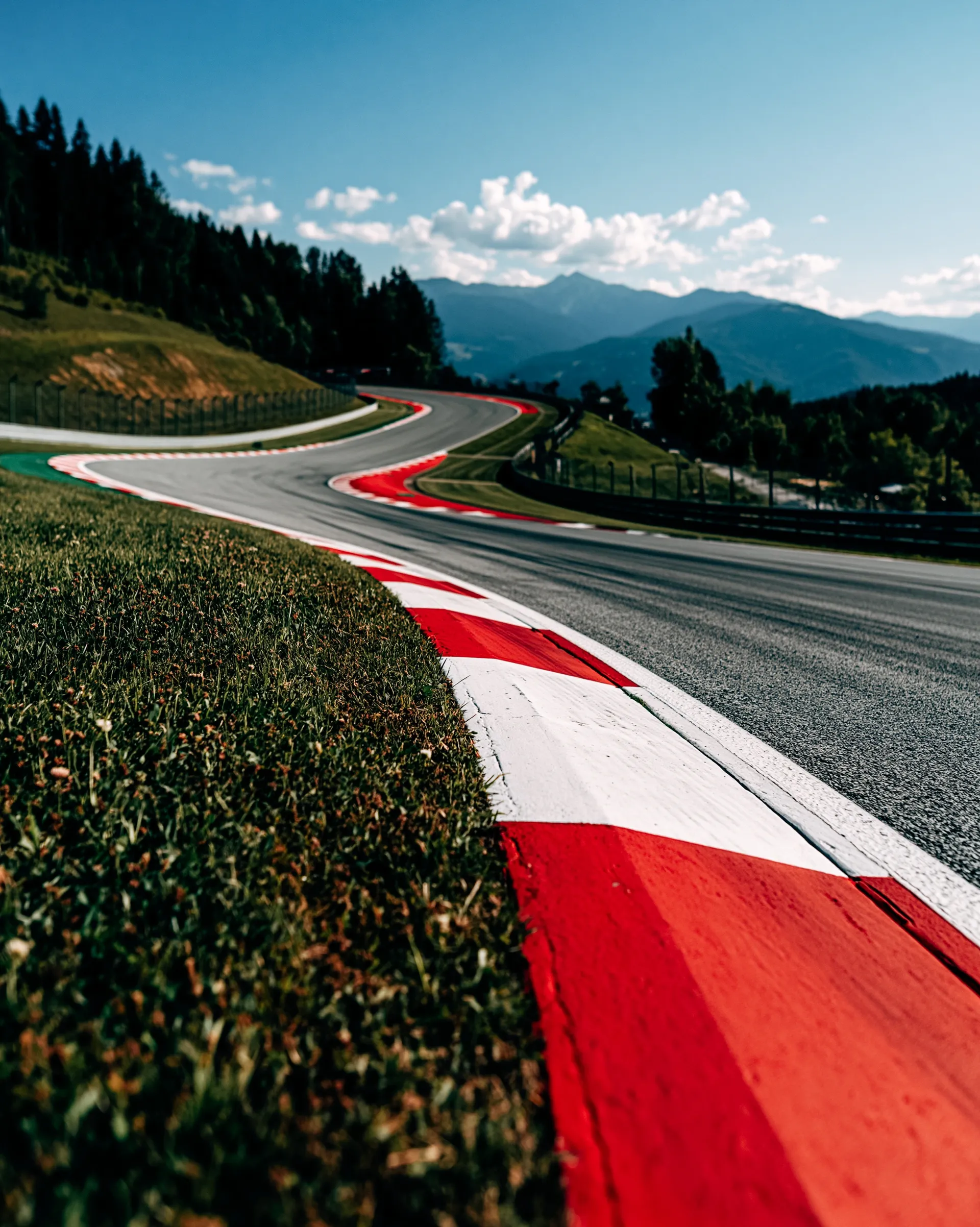 Red-and-white kerbs leading through a sweeping corner of the Red Bull Ring with mountain views beyond.