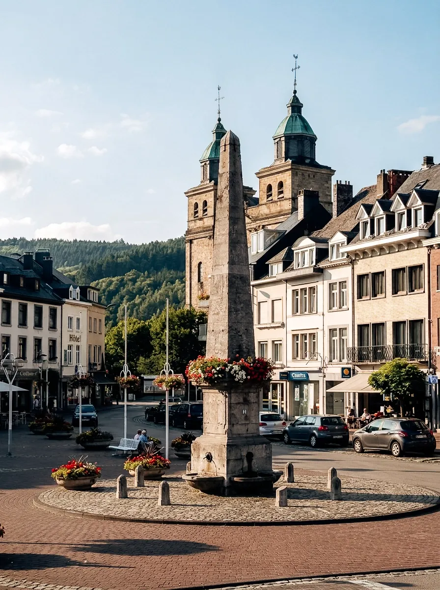 Alt: Historic town square with a stone fountain, colorful buildings, and a church with twin towers under a clear sky.