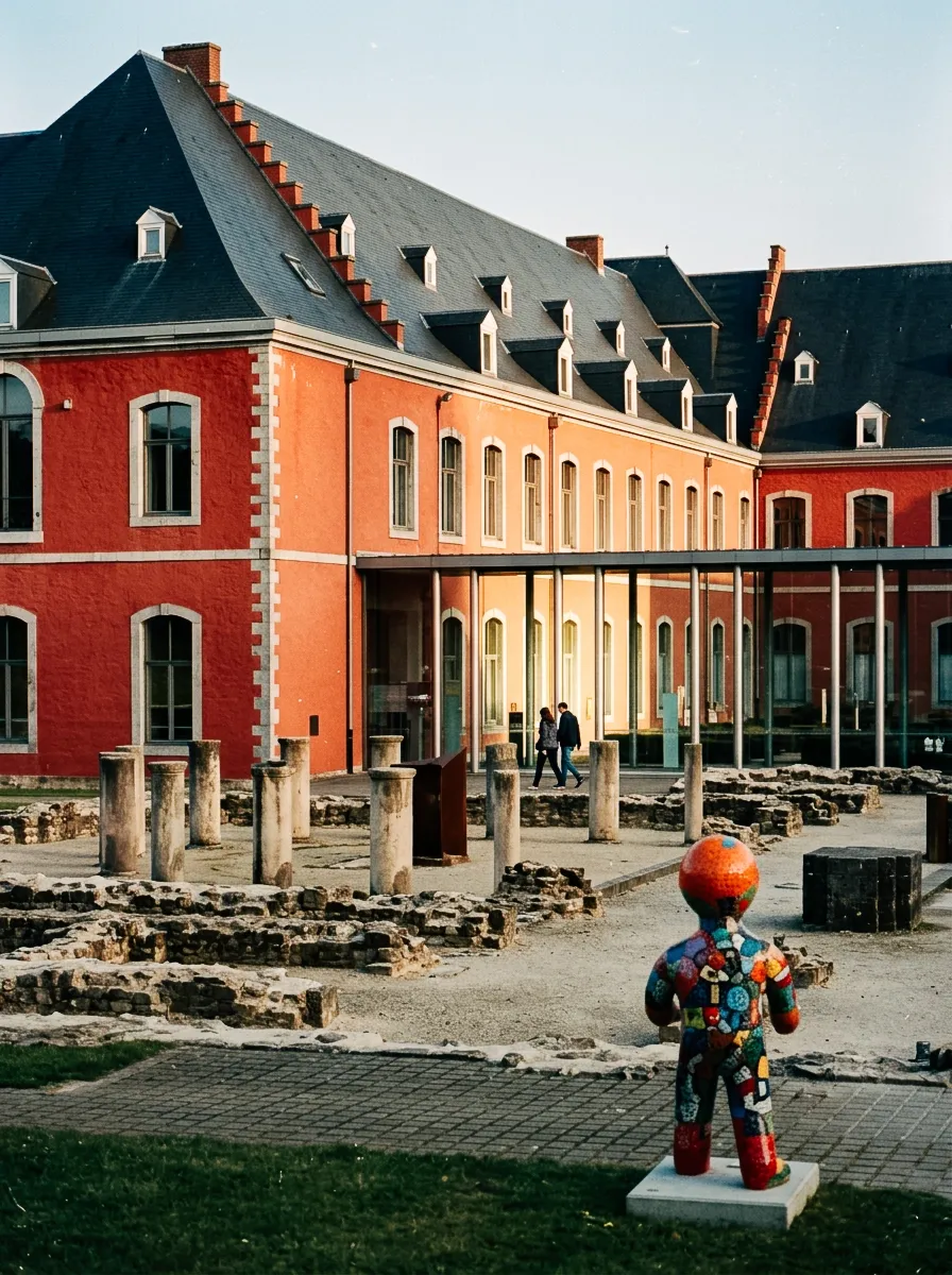 Alt: Red historic building with an archaeological site in the foreground and a colorful sculpture standing on a paved walkway.