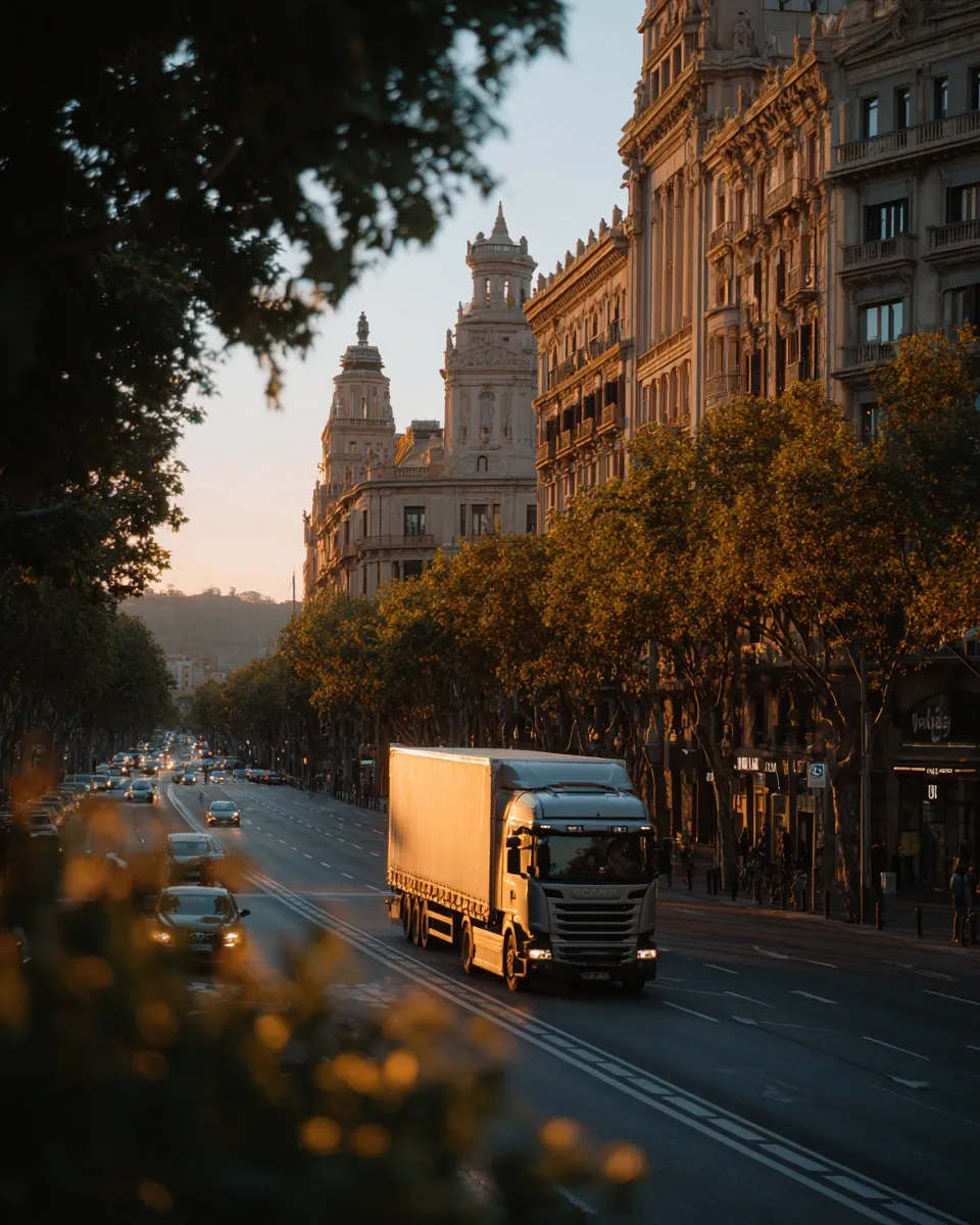 Morning street in Barcelona with Audi Revolut F1® Team truck passing buildings