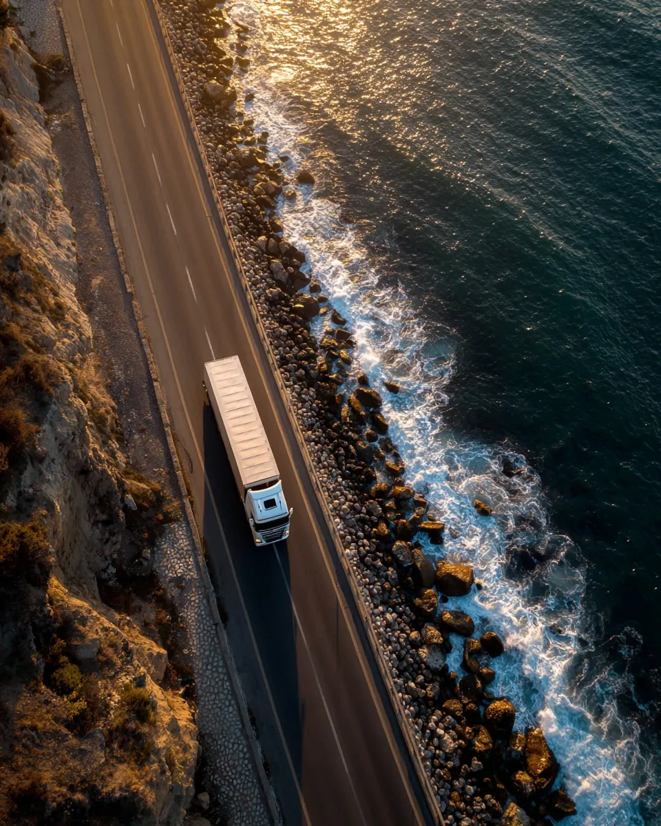 Aerial coastal highway shot of Audi Revolut F1® Team convoy traveling to Barcelona
