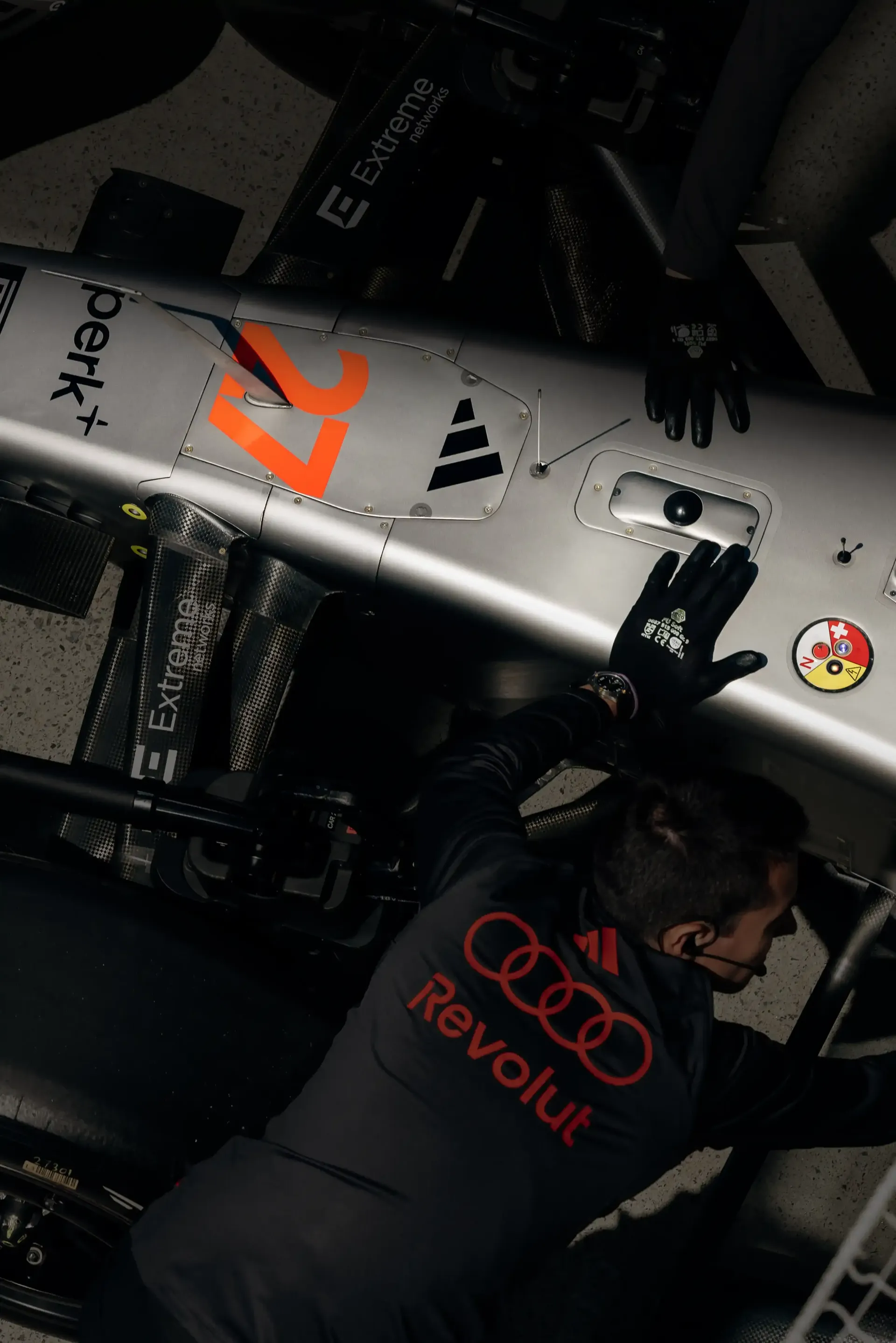Top view of the Audi Revolut F1® Team car R26 at the Canada Grand Prix 2026