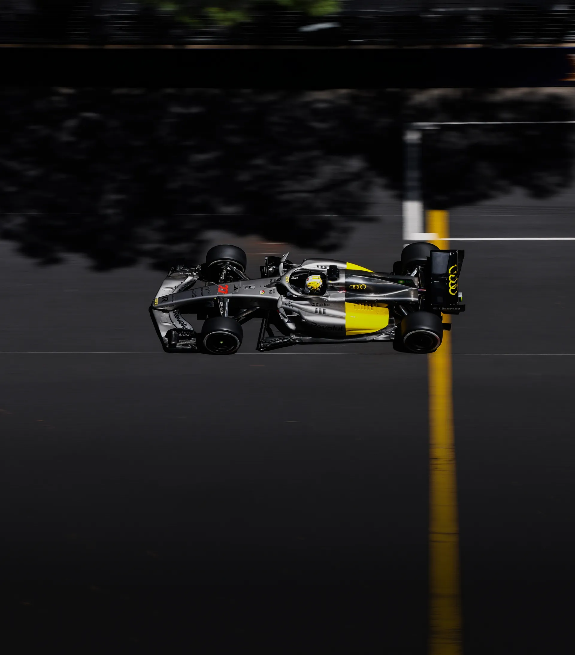 Top side view of the Audi Revolut F1® Team car R26 at high speed during Monaco Grand Prix 2026