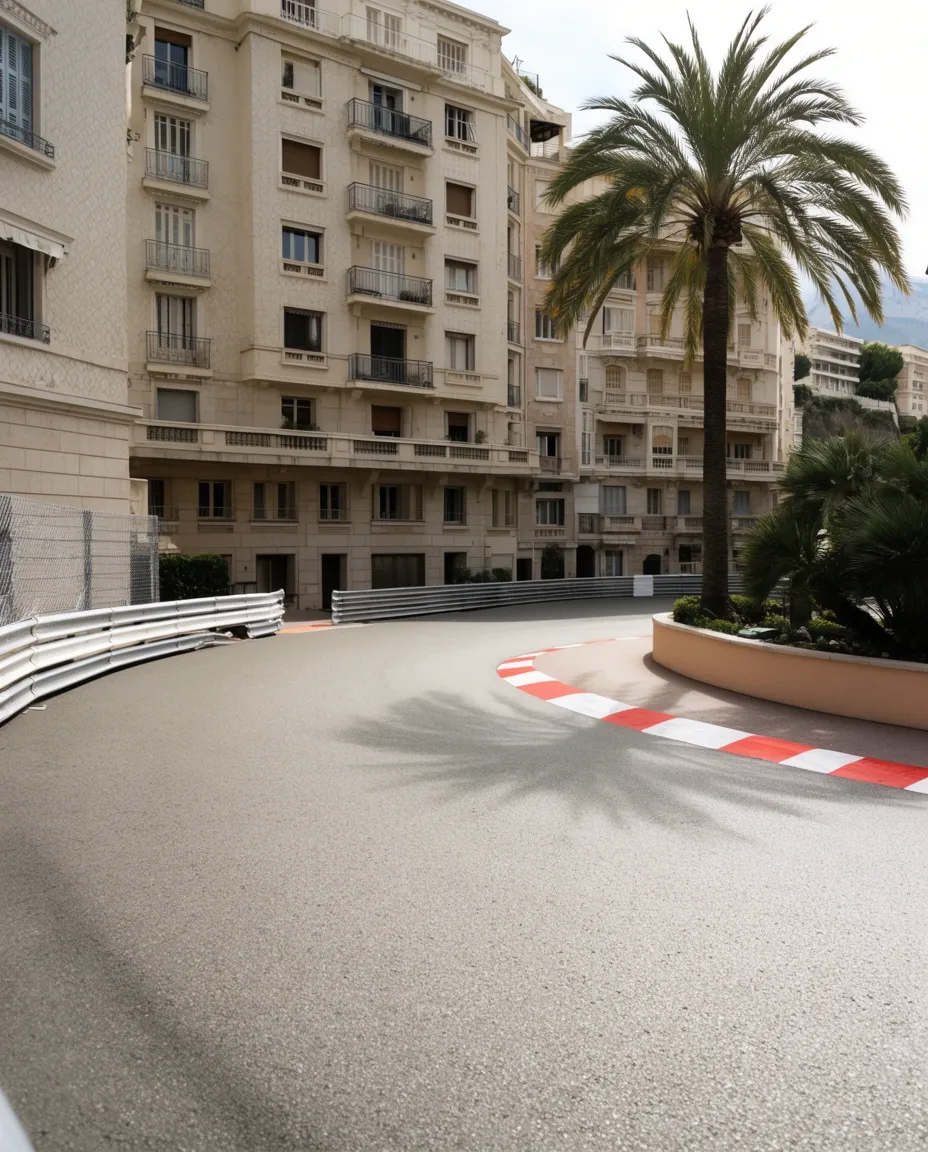 Curved Monaco street bordered by elegant apartment buildings and tropical greenery.