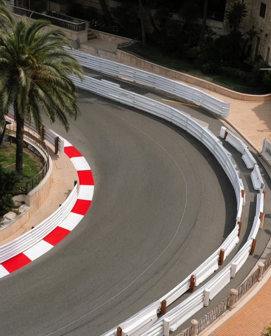 Close-up of a sweeping Monaco road bend featuring iconic red-and-white markings.
