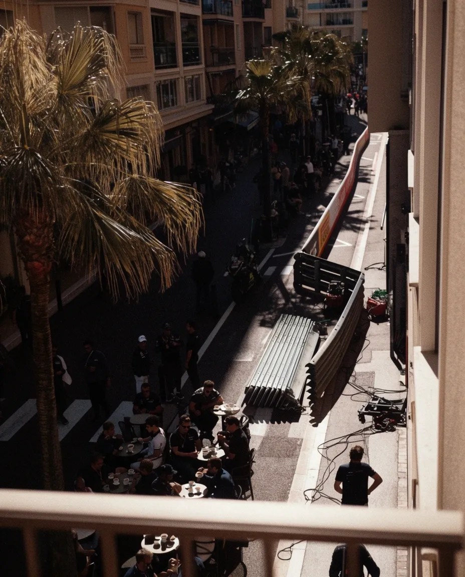 View into a luxury residential atrium with layered balconies and architectural details.
