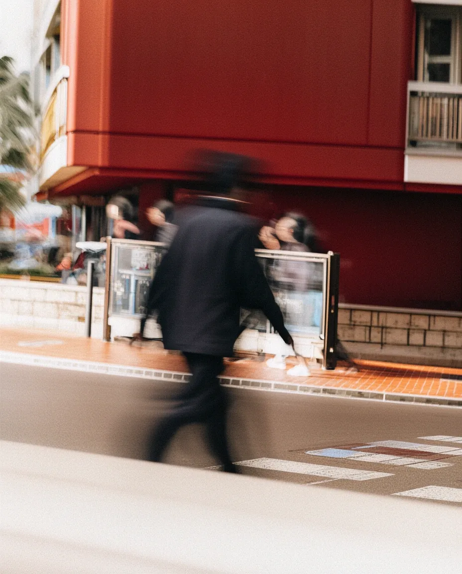 Blurred pedestrian passing a vibrant storefront in central Monaco.