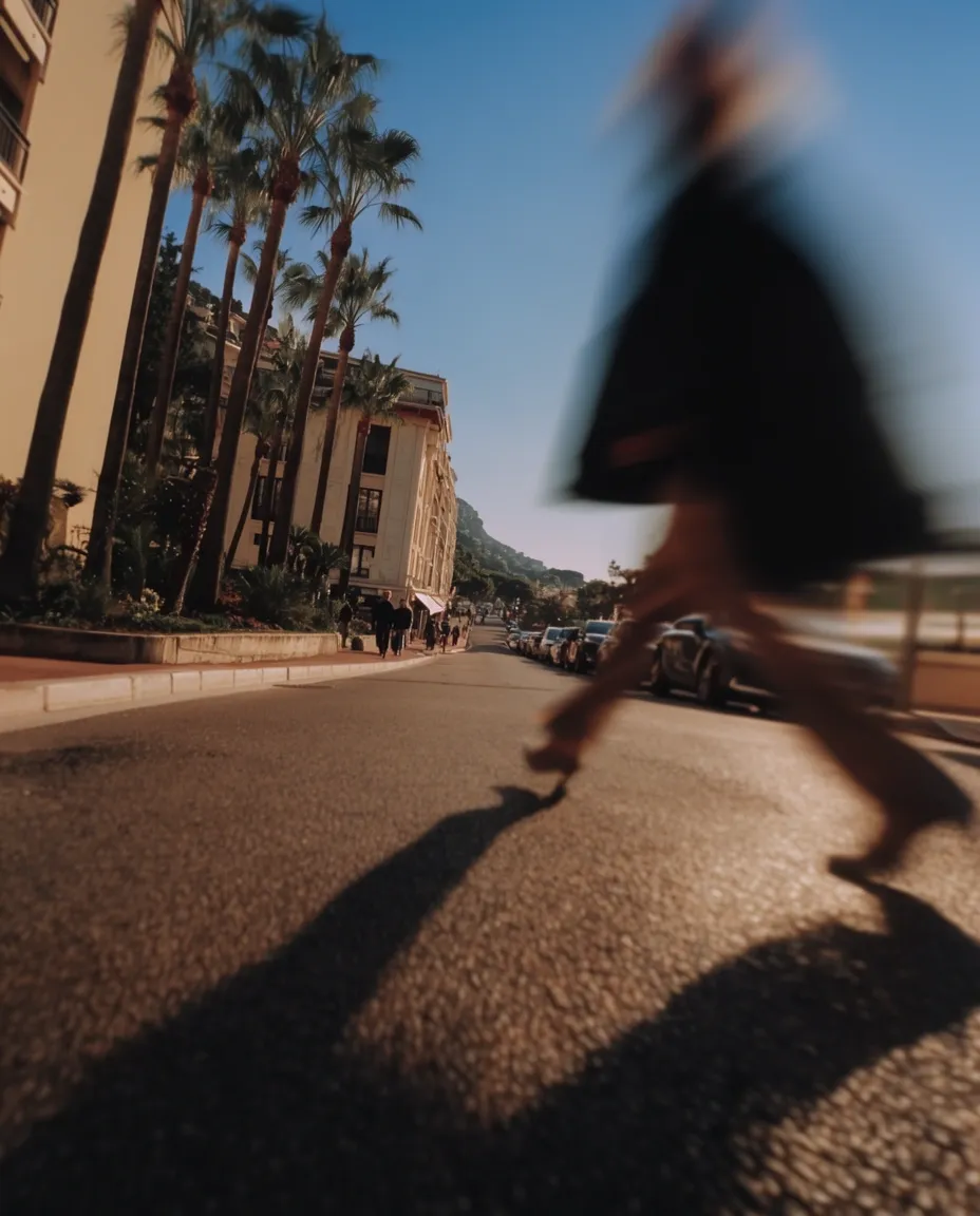 Motion-blurred figure walking through a sunlit Monaco street scene.