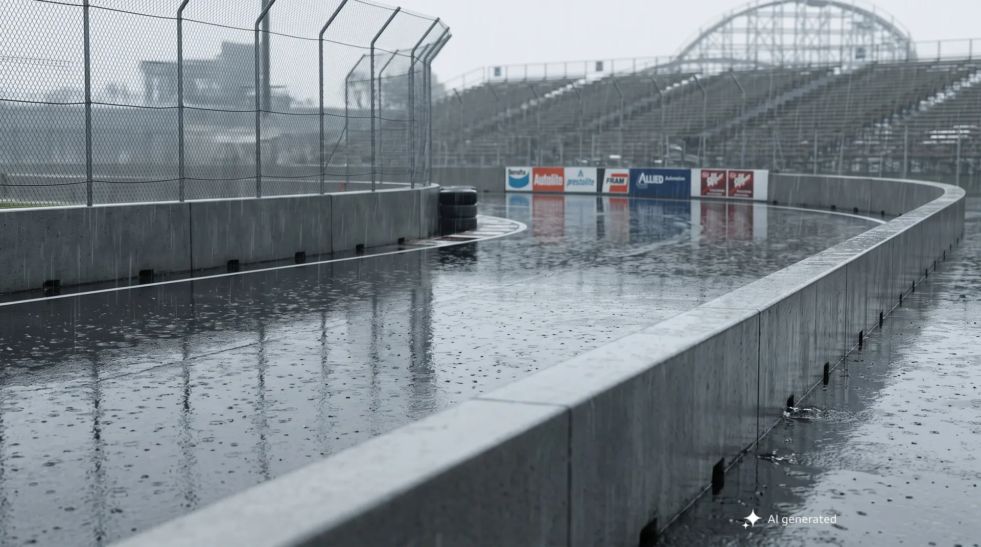 Rain-soaked street circuit lined with concrete barriers and catch fencing, puddles reflecting the grey sky.