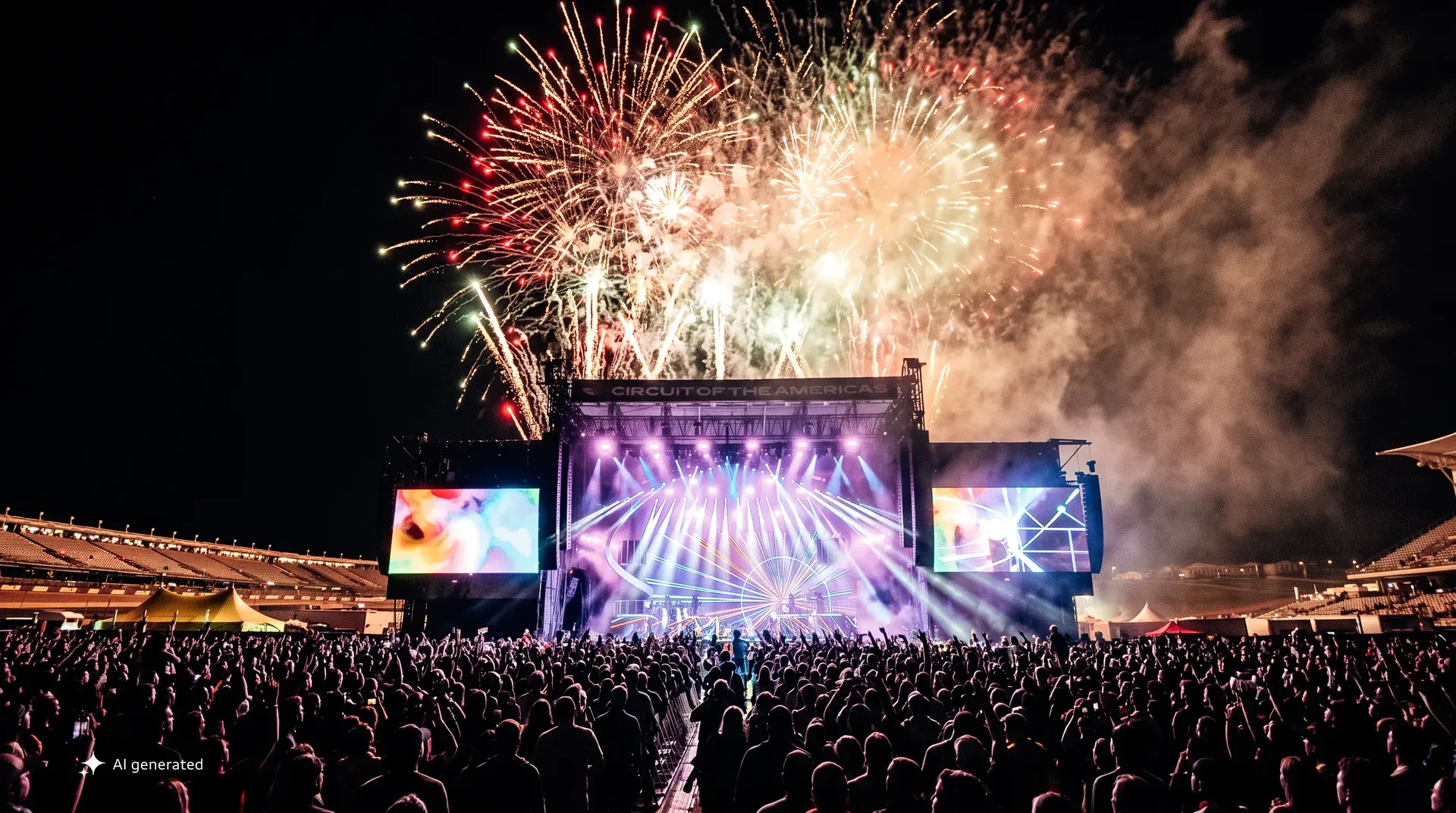 AI-generated image of fireworks over a concert stage at Circuit of The Americas