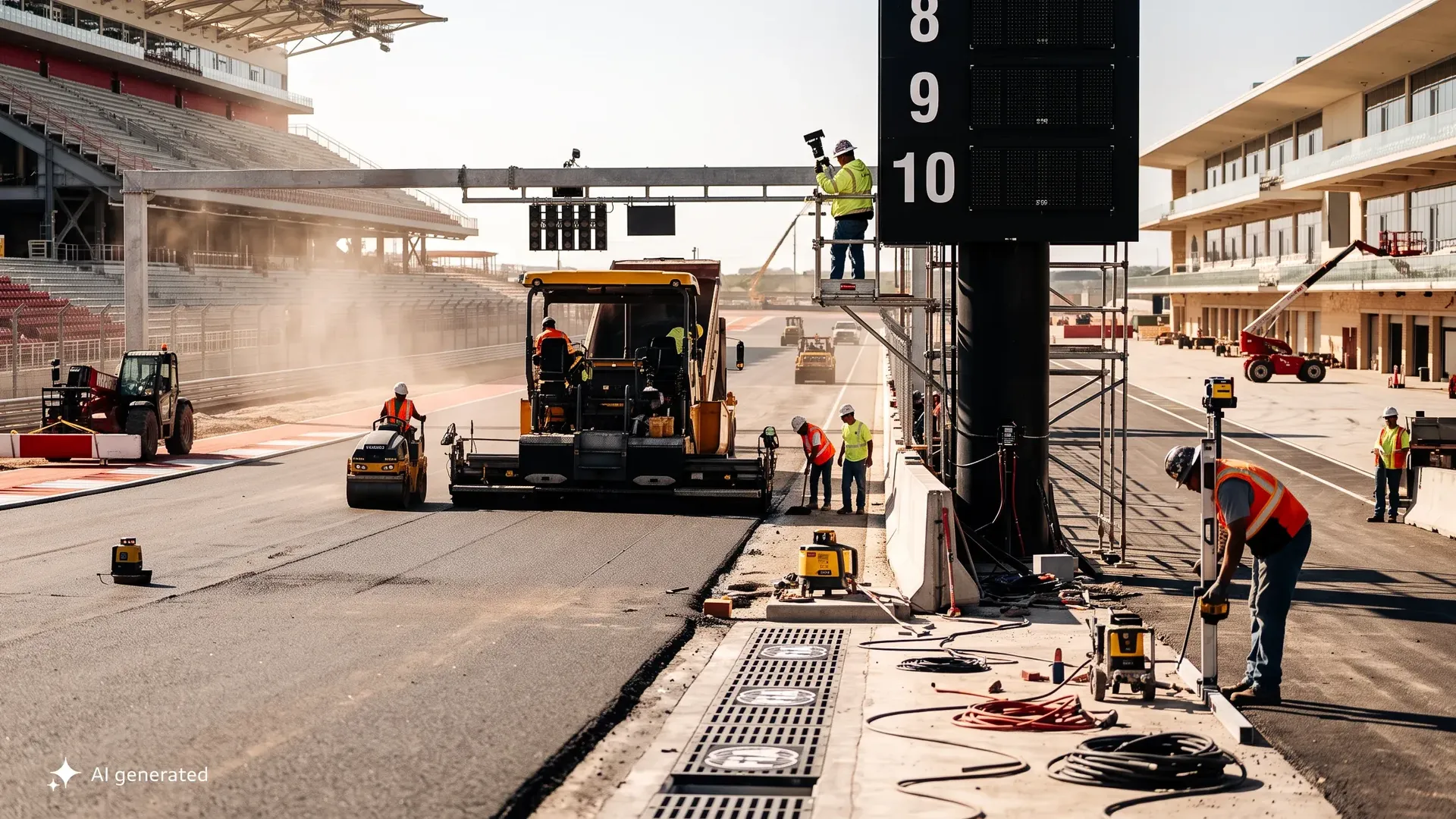 AI-generated image of workers paving the start-finish straight of a race track under construction