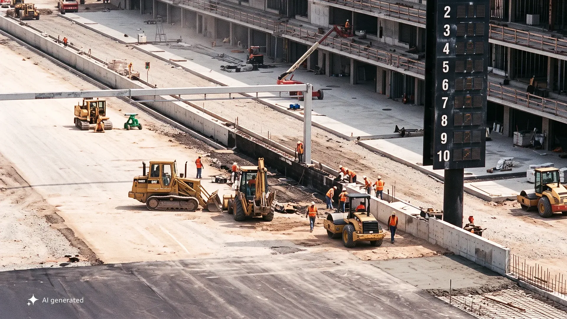 AI-generated image of bulldozers and workers building the pit lane of a race track