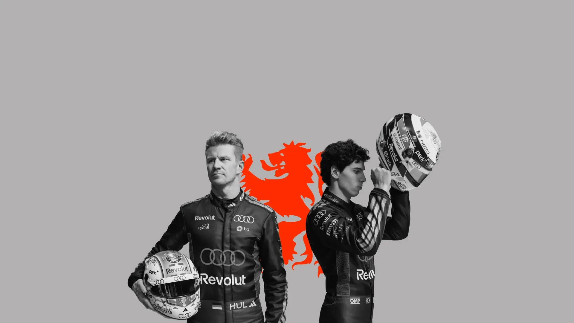 Audi Revolut F1® Team drivers Nico Hulkenberg and Gabriel Bortoleto posing