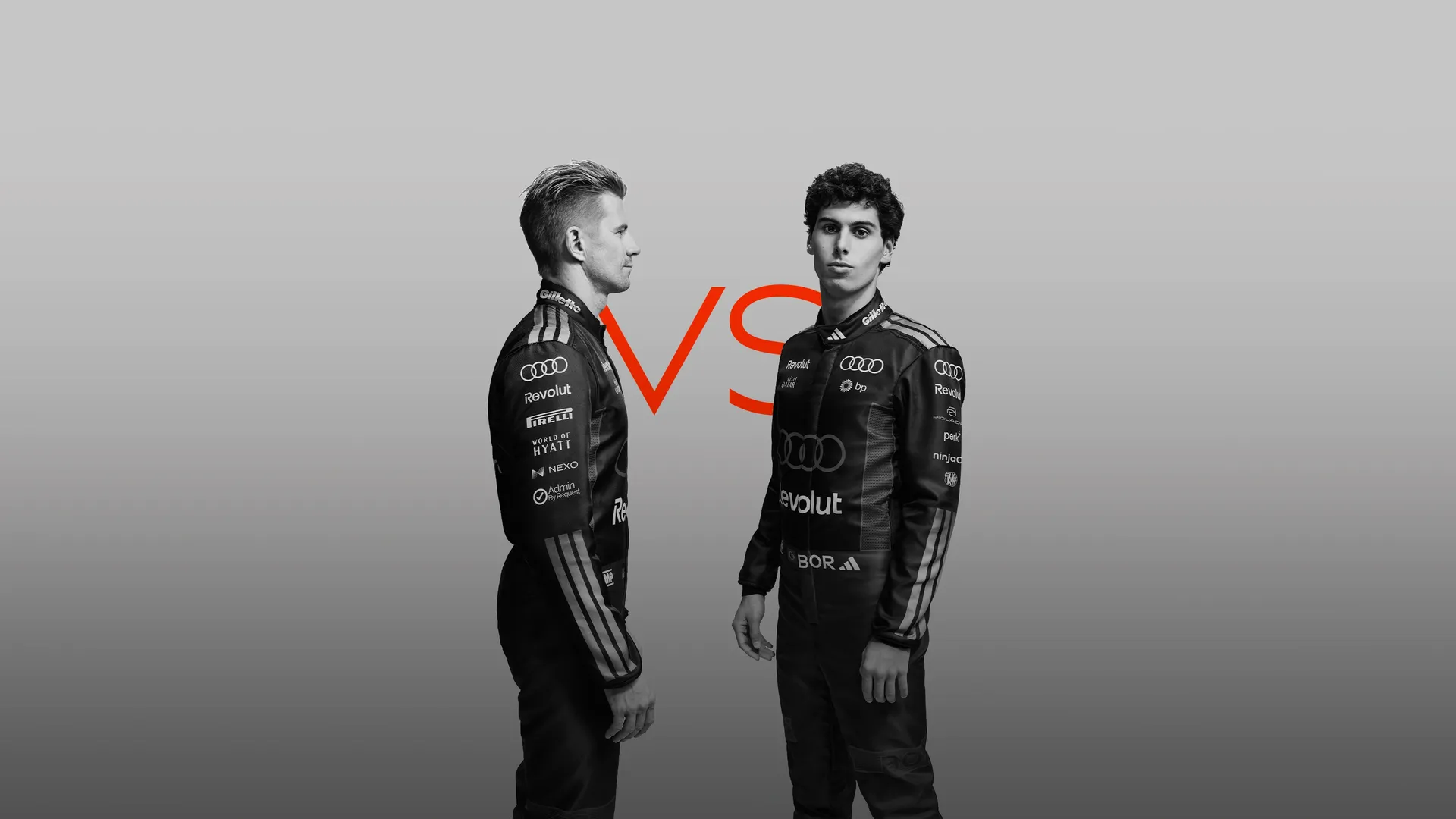 Black and white shot of Nico Hulkenberg and Gabriel Bortoleto both drivers at the Audi Revolut F1® Team side by side in the Studio