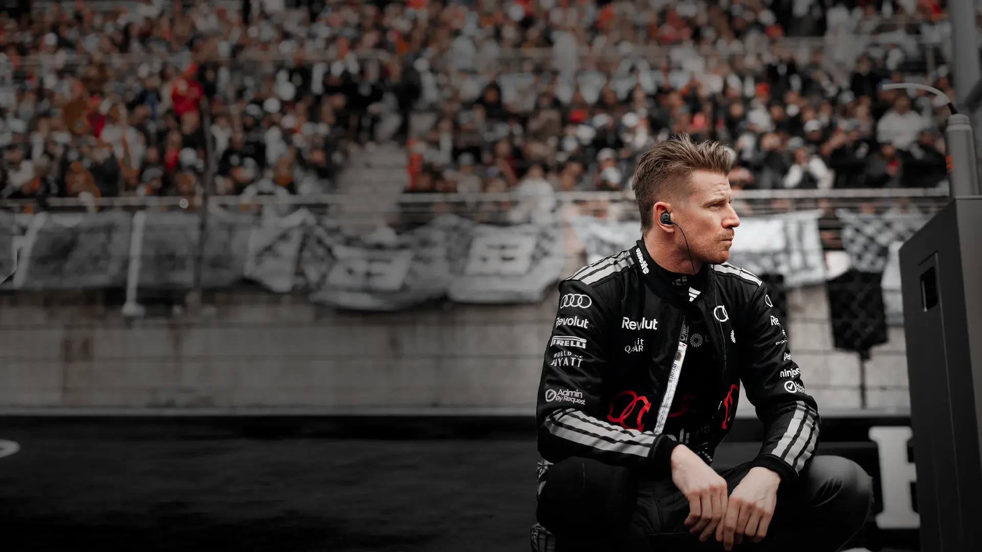 Nico Hulkenberg driver of the Audi Revolut F1 Team® sitting pose thinking and concentrates on the track
