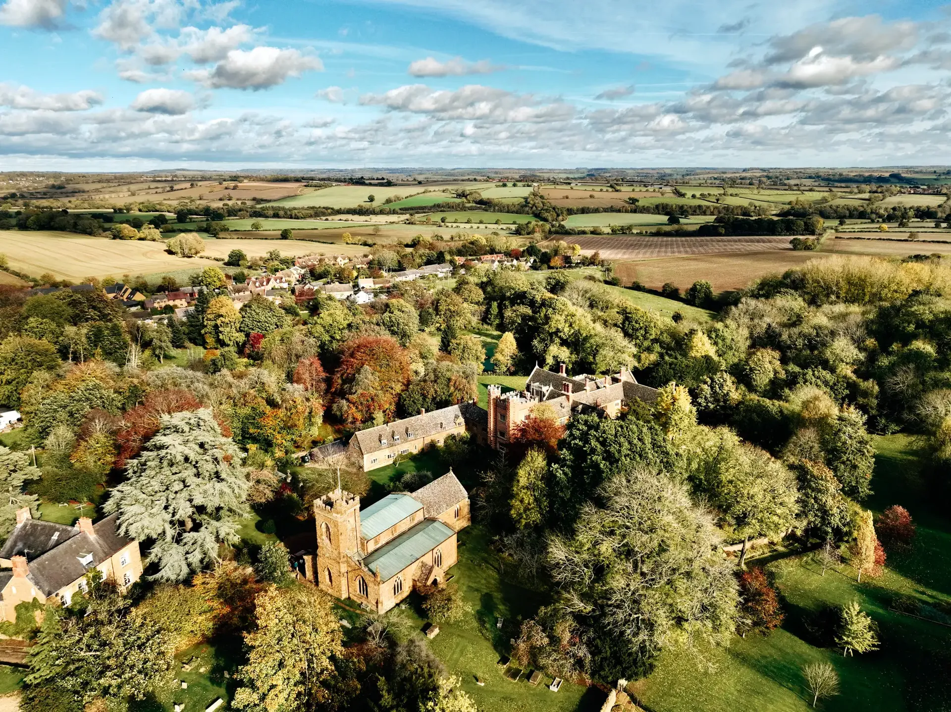 Aerial view of the countryside and villages surrounding Silverstone Circuit.