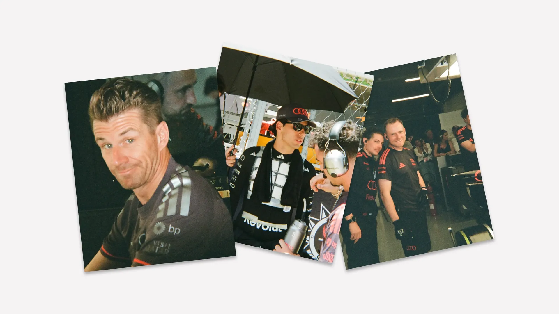 Three overlapping disposable-camera photos show Audi Revolut F1® Team paddock moments