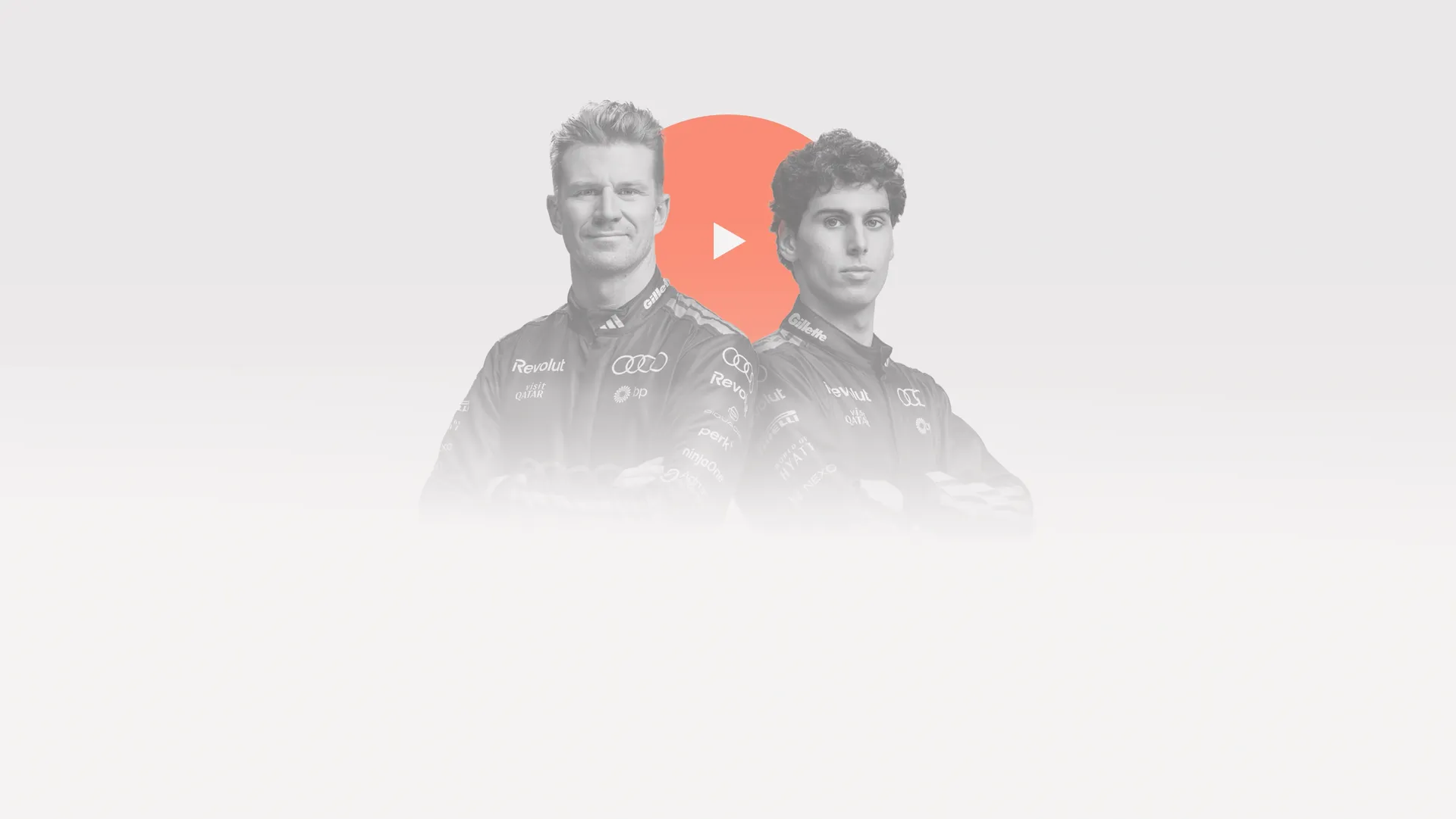 Black and white shot of Nico Hulkenberg and Gabriel Bortoleto drivers at the Audi Revolut F1® Team side by side in the studio