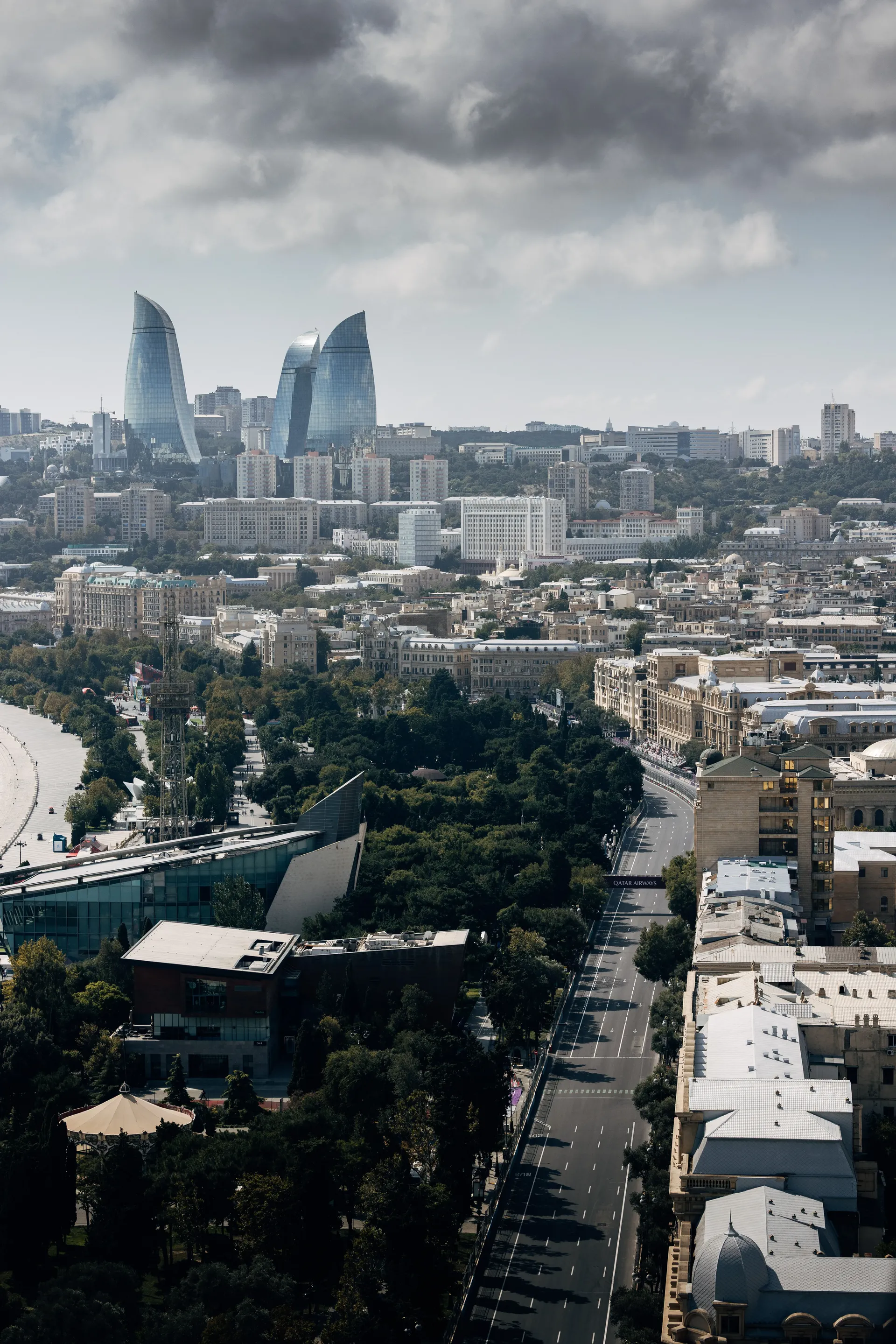 Baku skyline with the Flame Towers in the distance