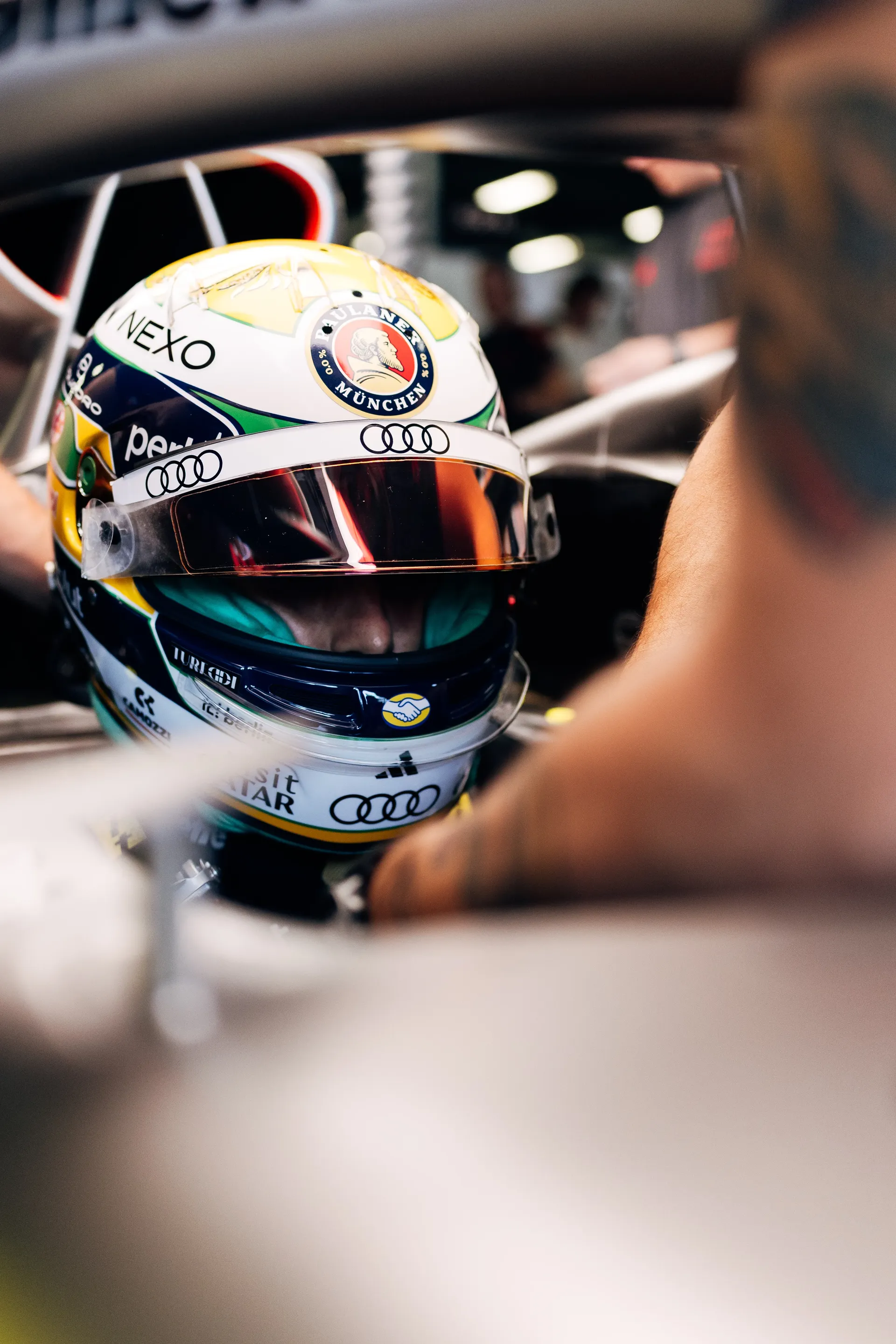 Audi Revolut F1® Team driver Gabriel Bortoleto wearing his helmet