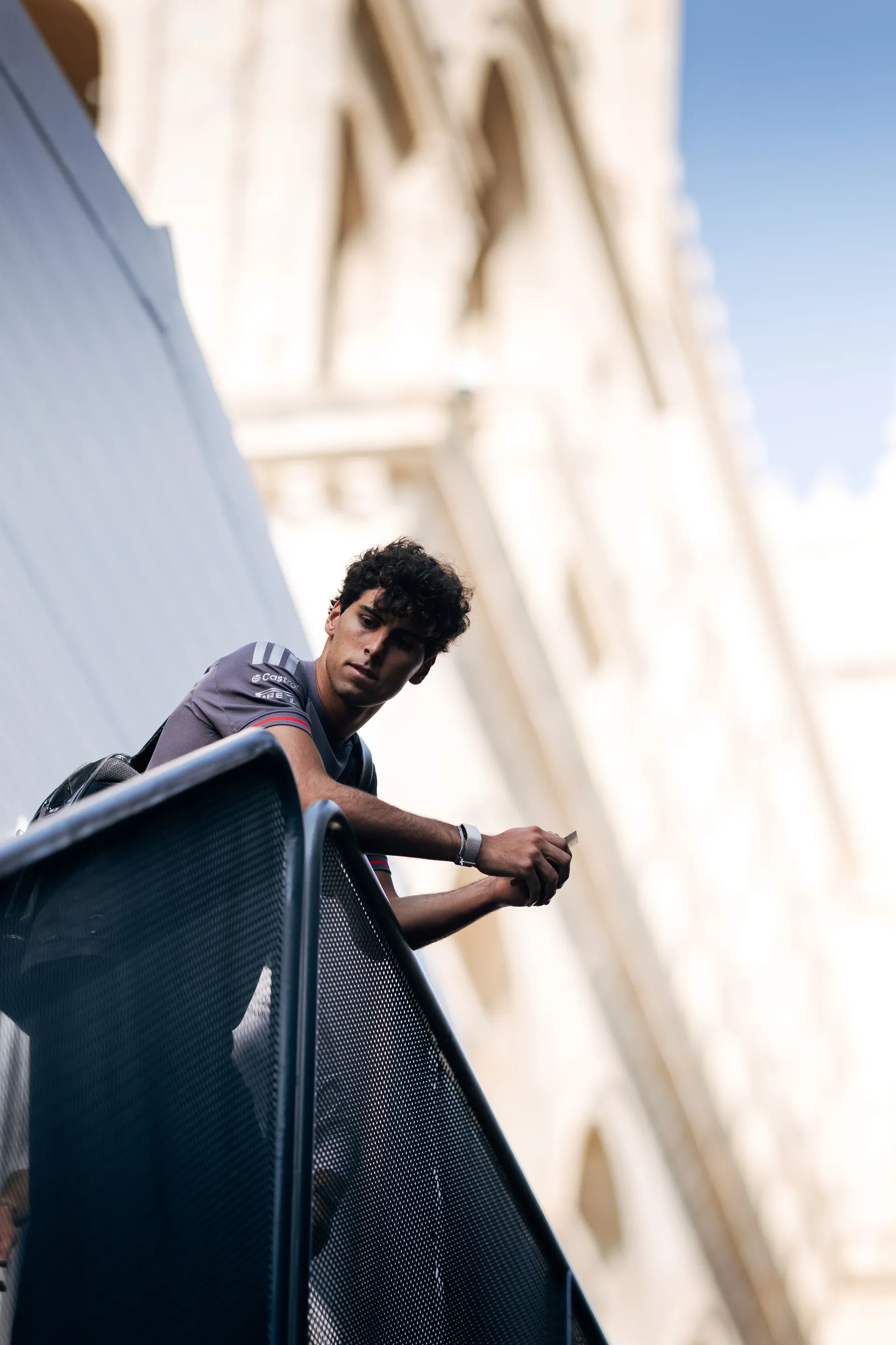 Gabriel Bortoleto, Audi Revolut F1® Team driver leaning on the balcony at the Baku City Circuit