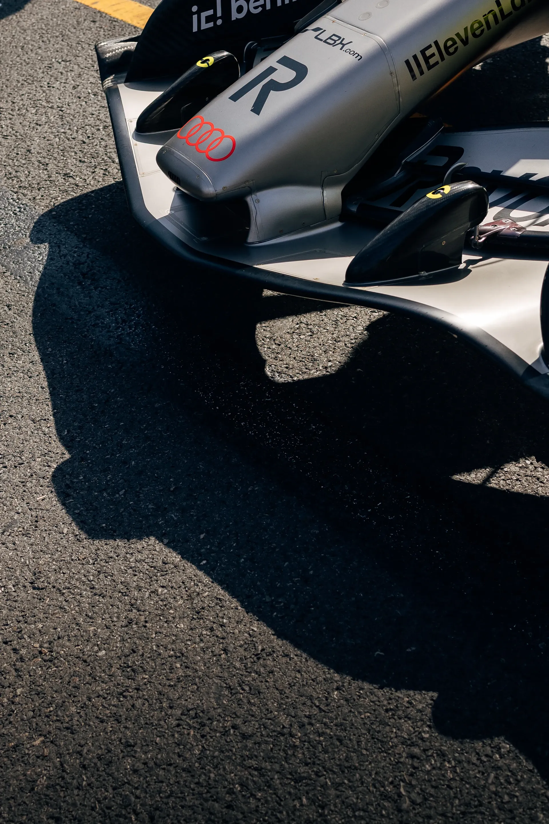 Close-up of the front wing and nose of an Audi Revolut F1® Team car R26.