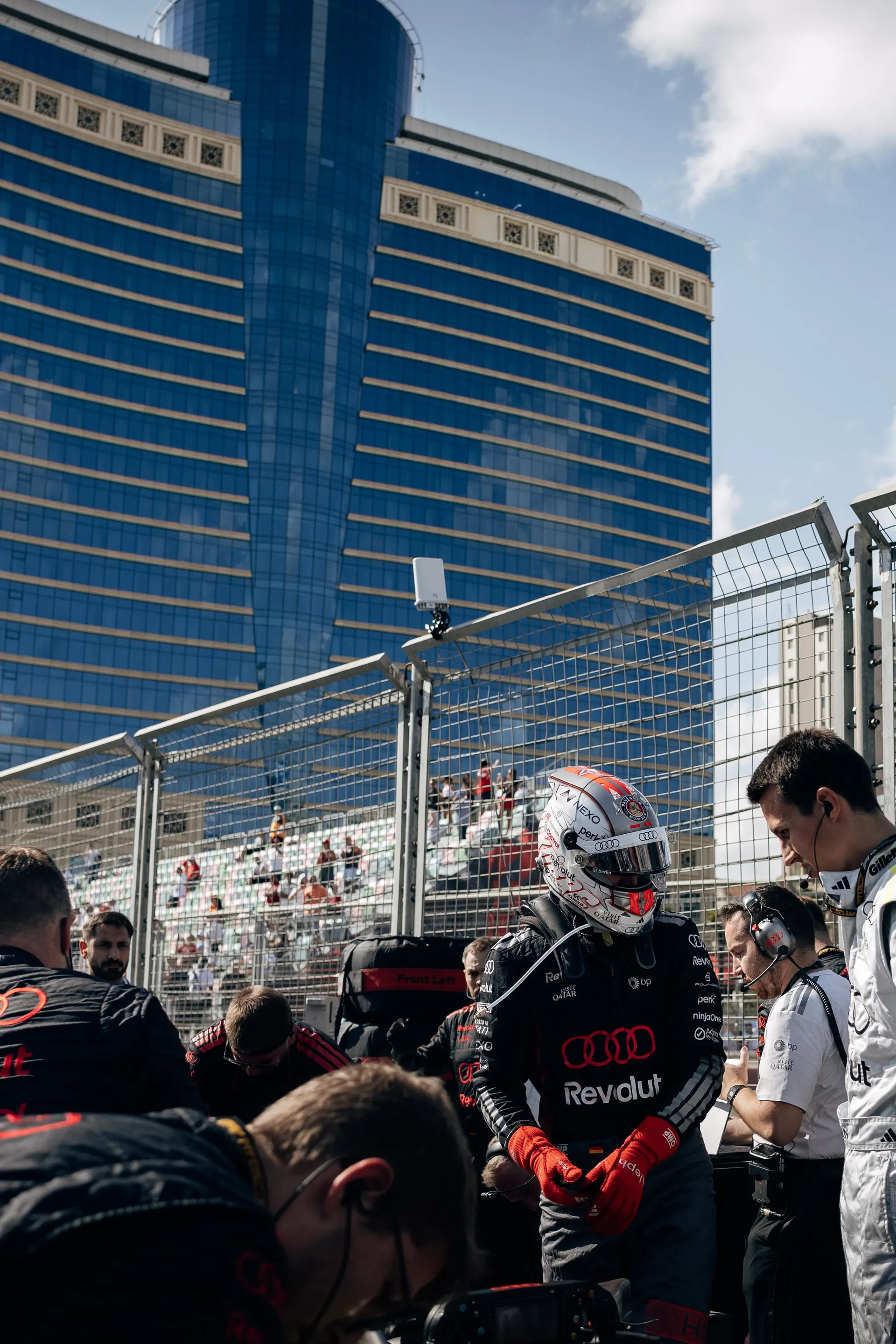 Audi Revolut F1® Team driver Nico Hulkenberg walking through the paddock during the 2026 Azerbaijan Grand Prix.