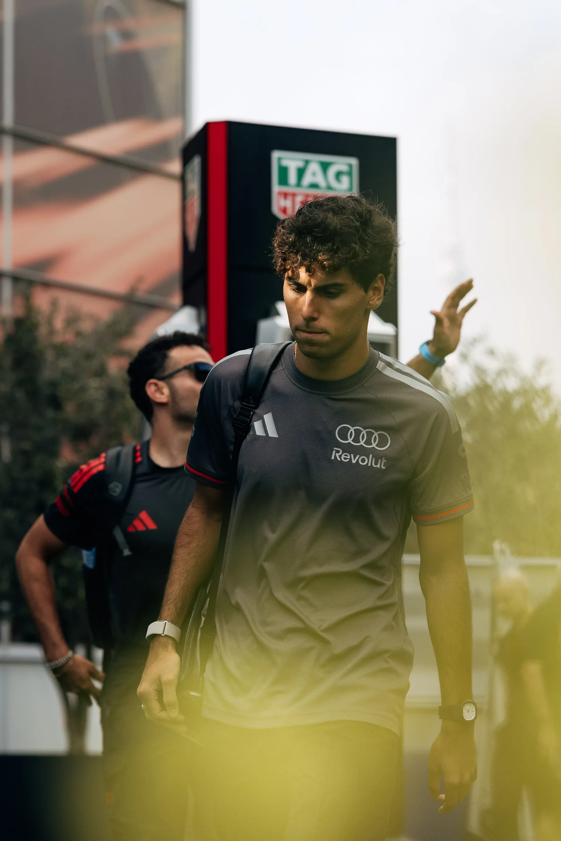 Audi Revolut F1® Team driver Gabriel Bortoleto arriving at the Azerbaijan Grand Prix