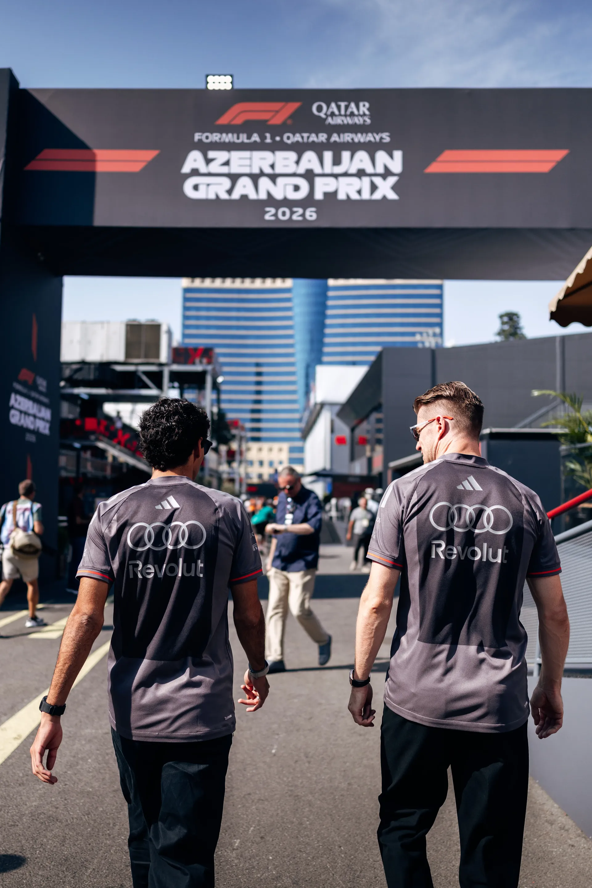 Audi Revolut F1® Team drivers Gabriel Bortoleto and Nico Hulkenberg arriving at the Azerbaijan Grand Prix