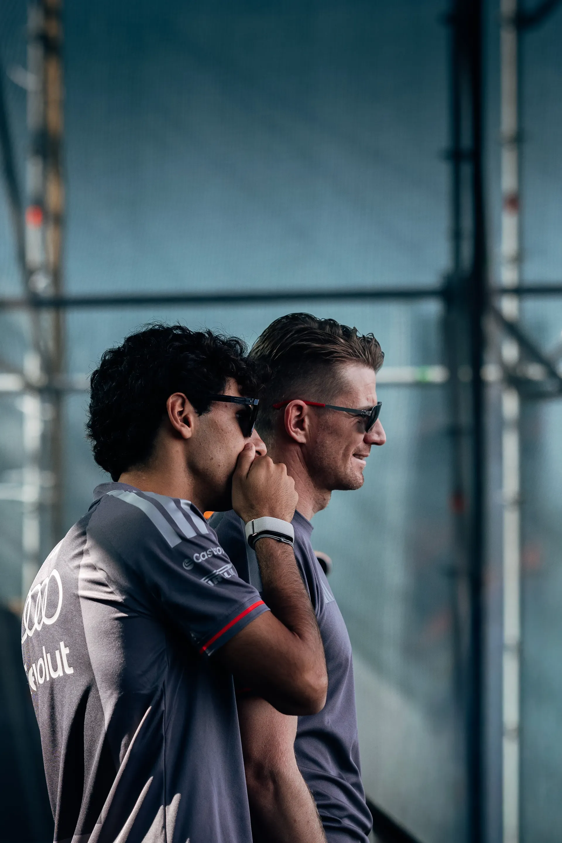 Audi Revolut F1® Team drivers Gabriel Bortoleto and Nico Hulkenberg together at the Azerbaijan Grand Prix