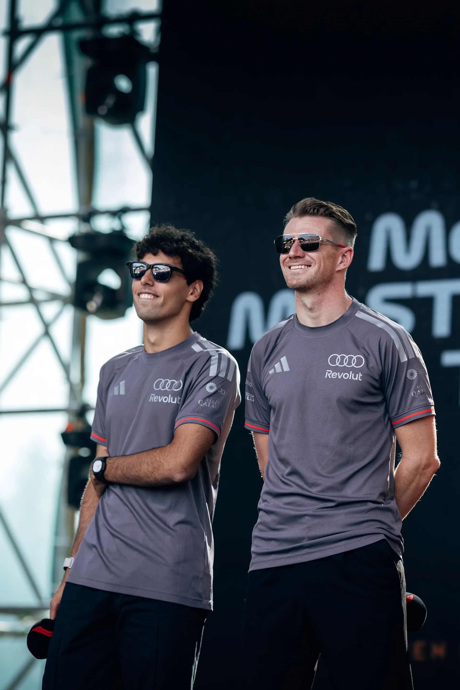 Audi Revolut F1® Team drivers Gabriel Bortoleto and Nico Hulkenberg together at the Azerbaijan Grand Prix