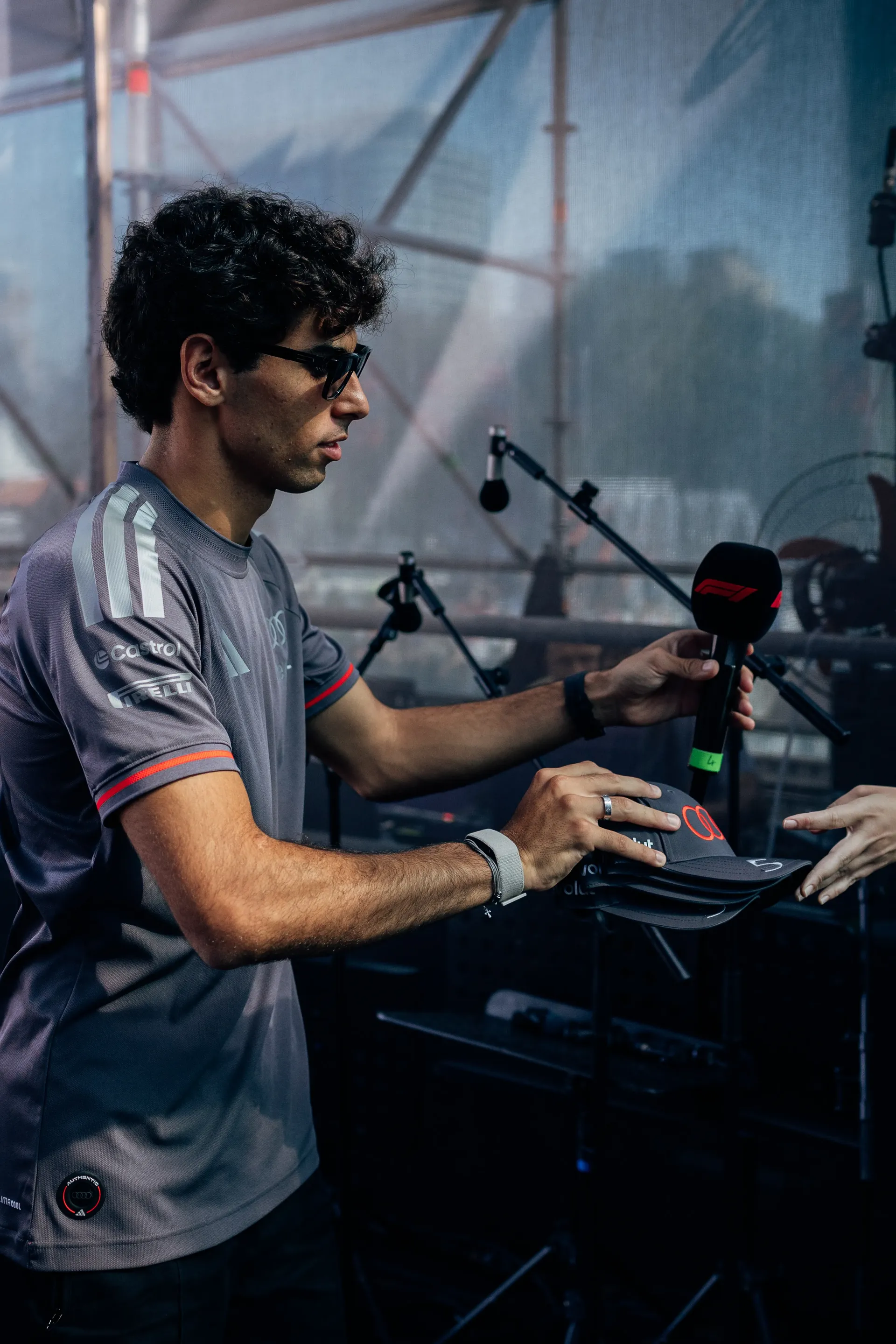 Audi Revolut F1® Team driver Gabriel Bortoleto during a media appearance at the Azerbaijan Grand Prix