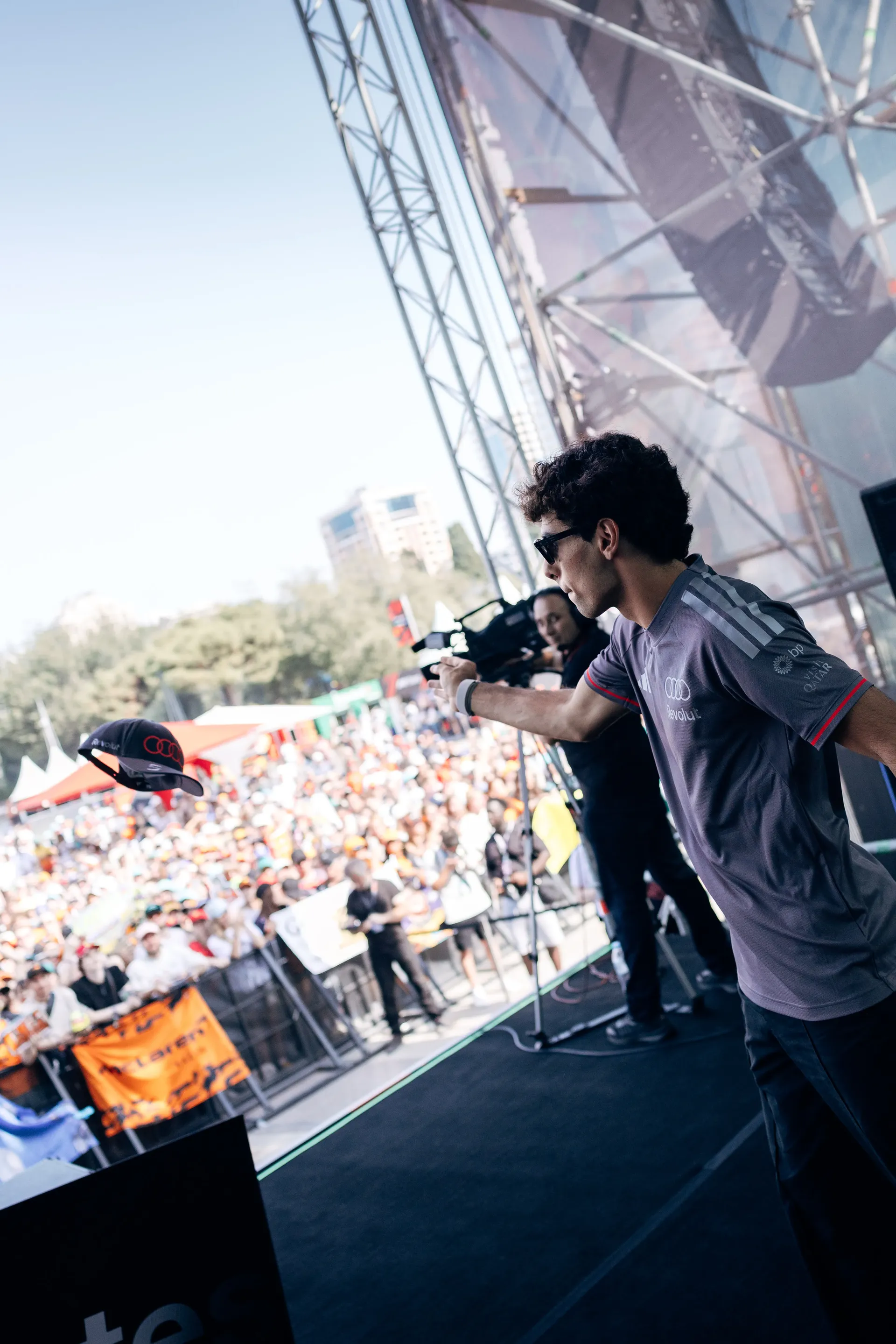 Audi Revolut F1® Team driver Gabriel Bortoleto speaking to the crowd at the Azerbaijan Grand Prix